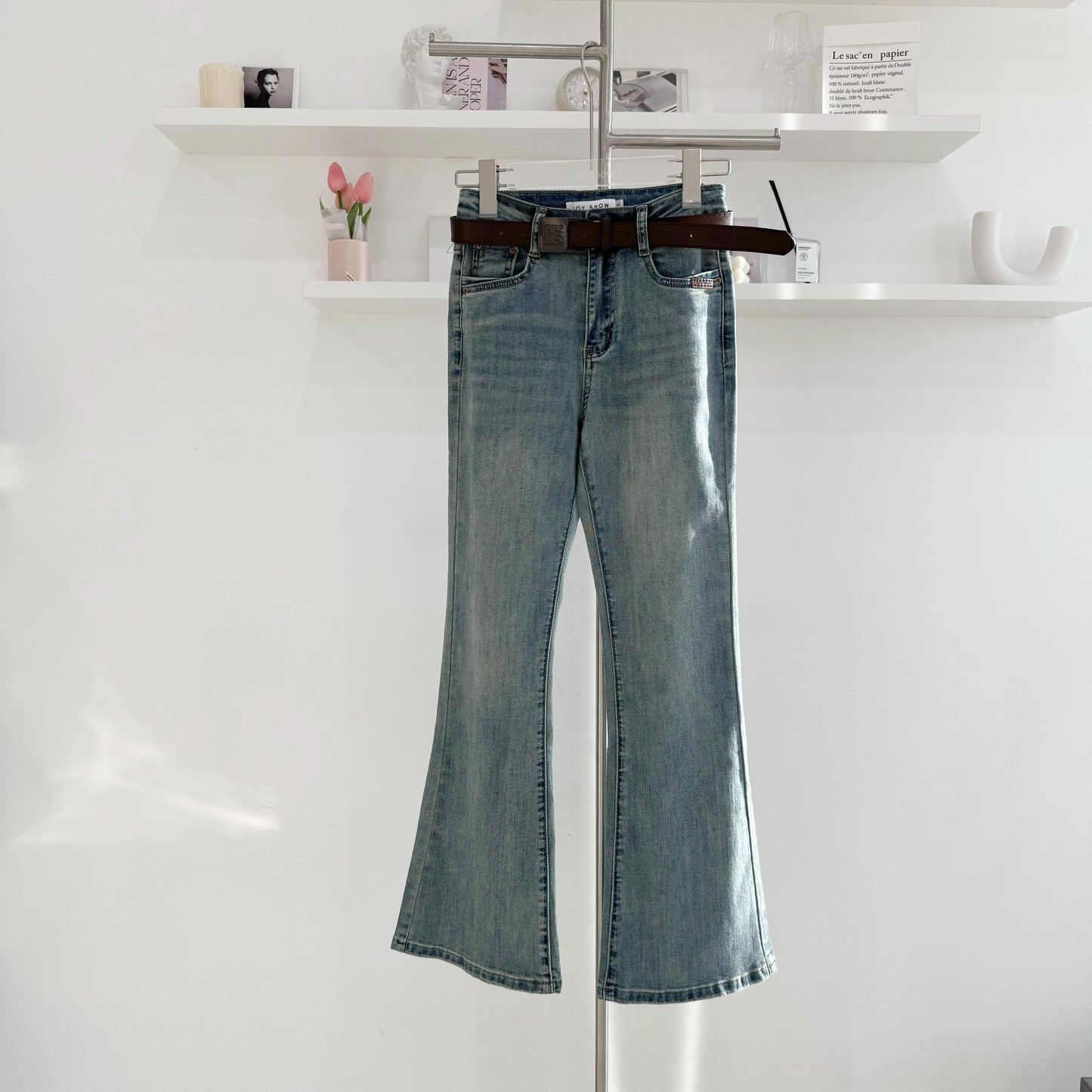 High-Waisted Belted Flared Jeans