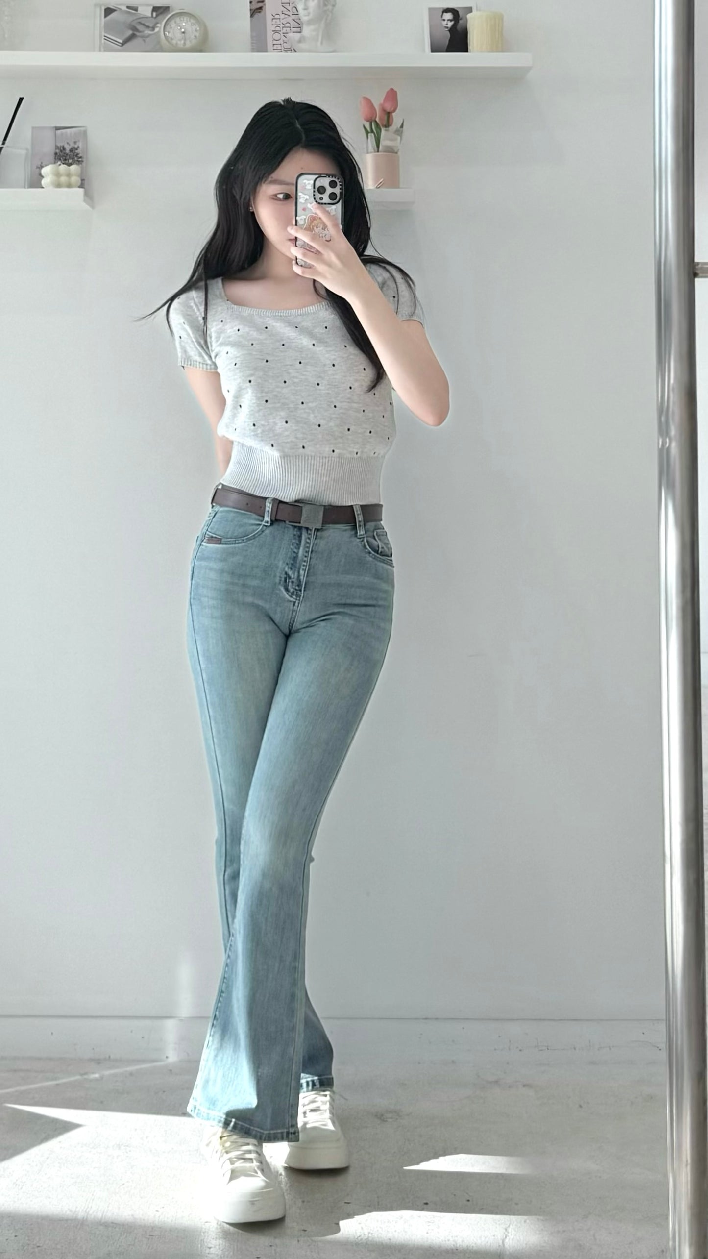 High-Waisted Belted Flared Jeans