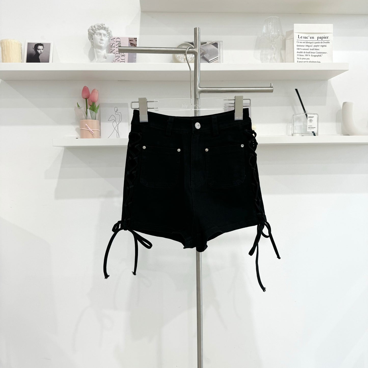 Lace-up denim shorts