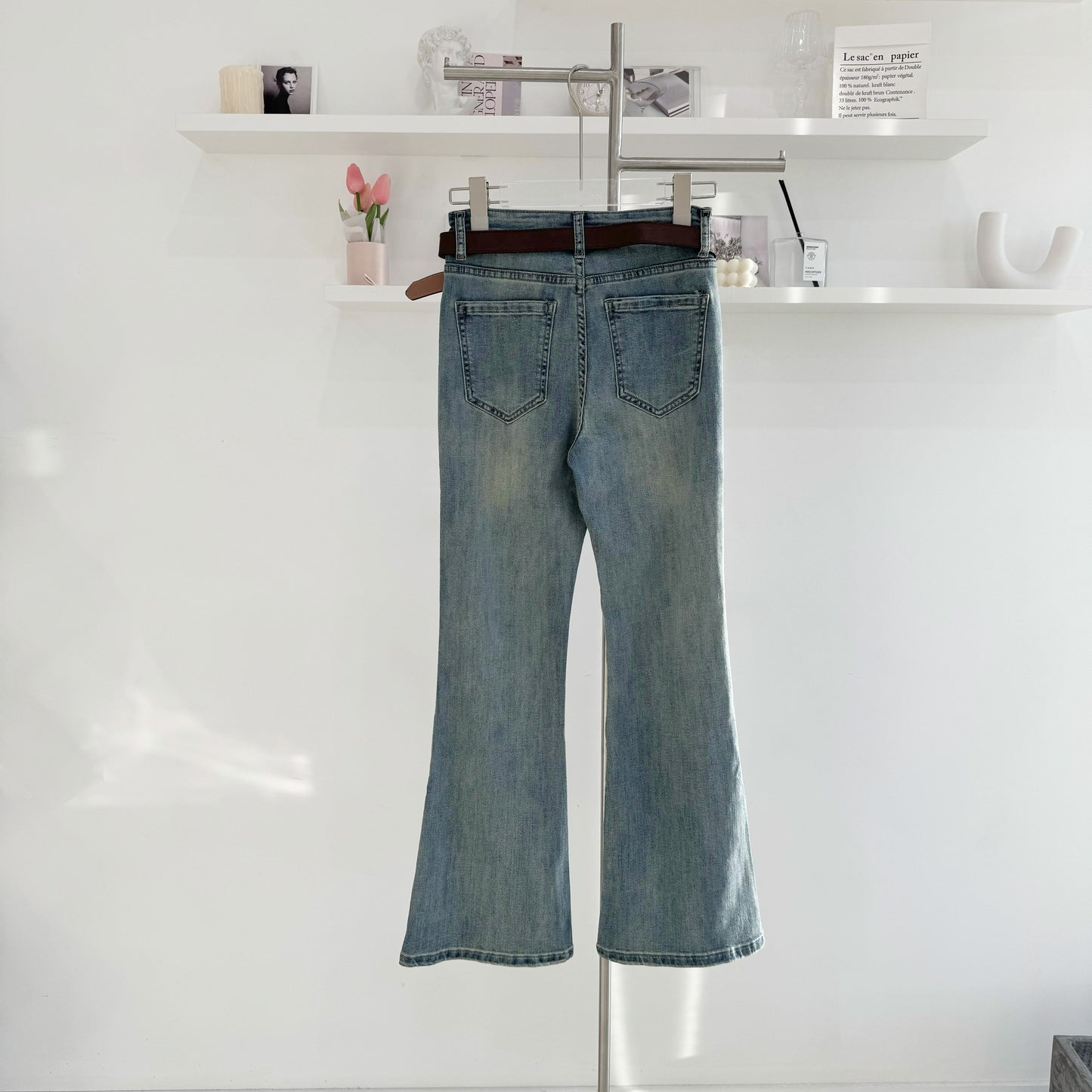 High-Waisted Belted Flared Jeans