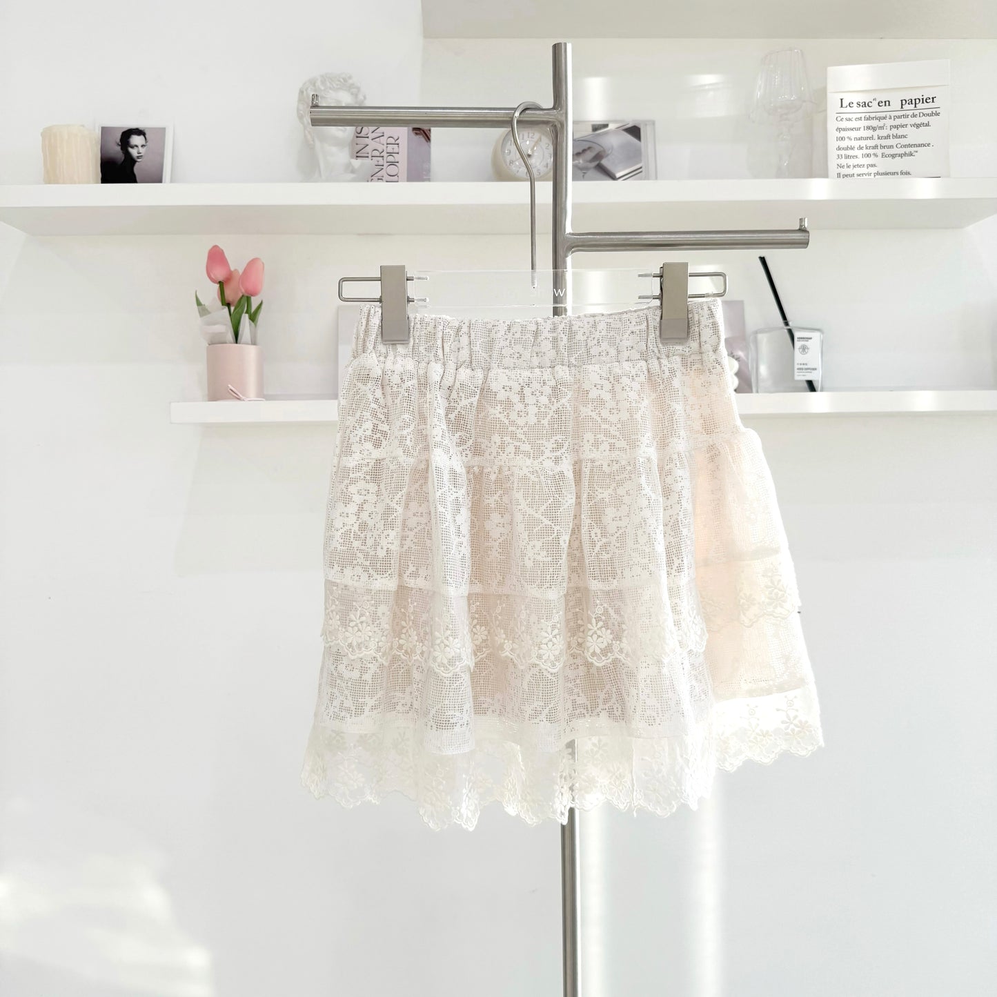 Layered Lace Elastic Waist Midi Skirt