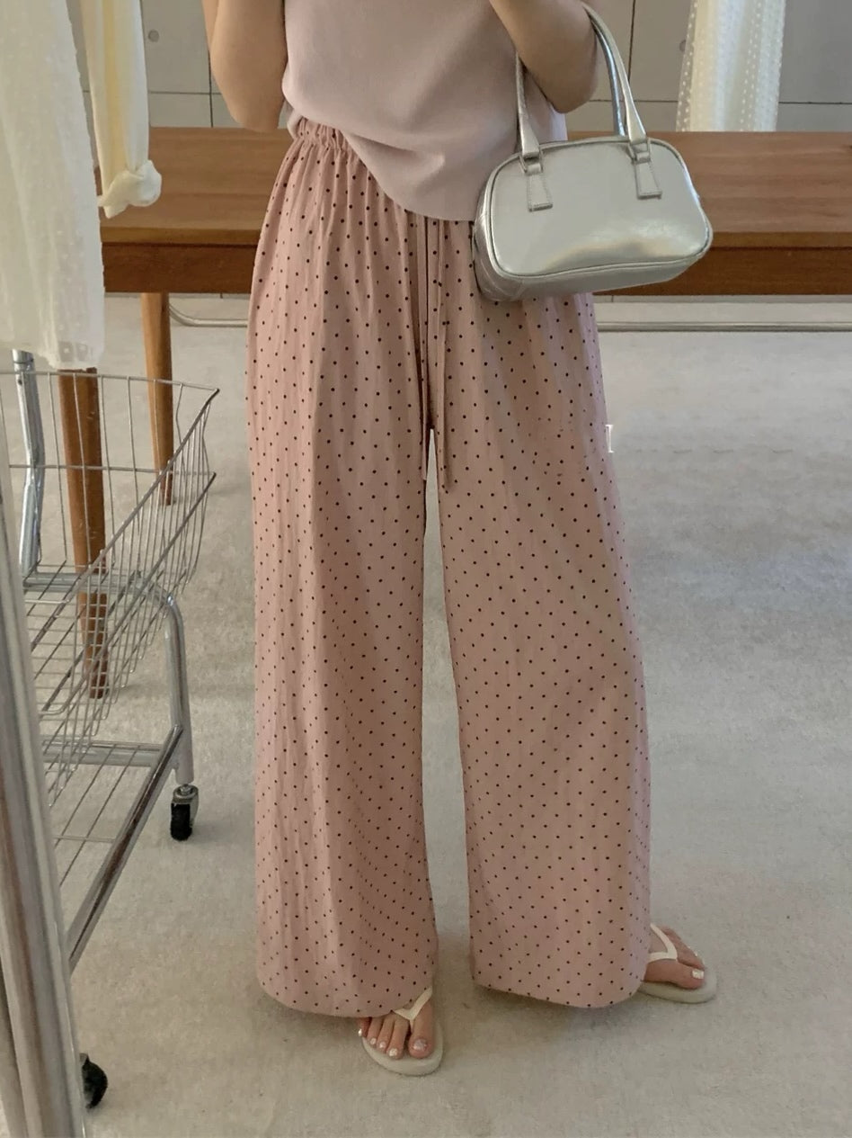 Polka Dot Elastic Waist Casual Pants
