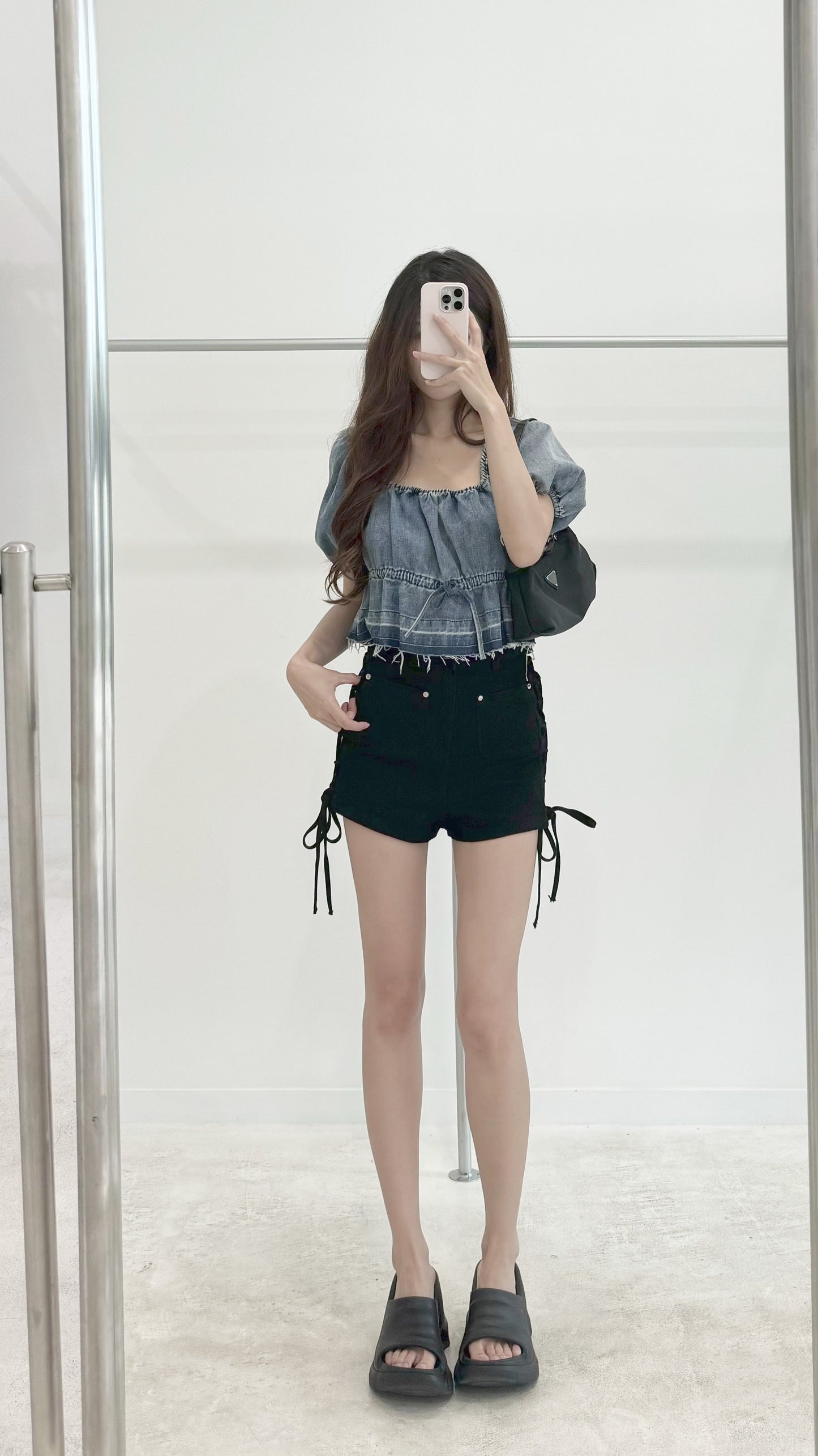 Lace-up denim shorts