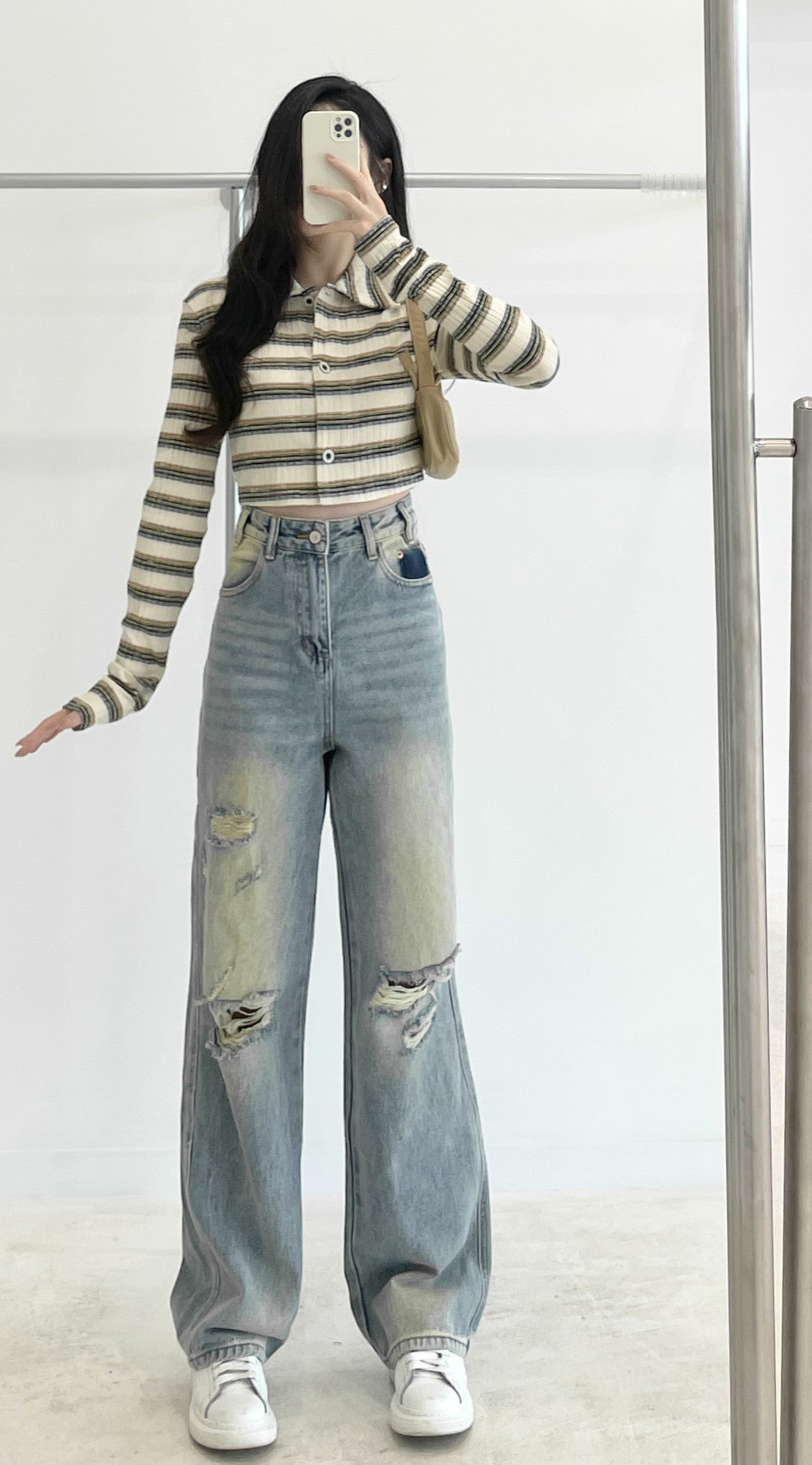 High-Waisted Distressed Wide-Leg Jeans