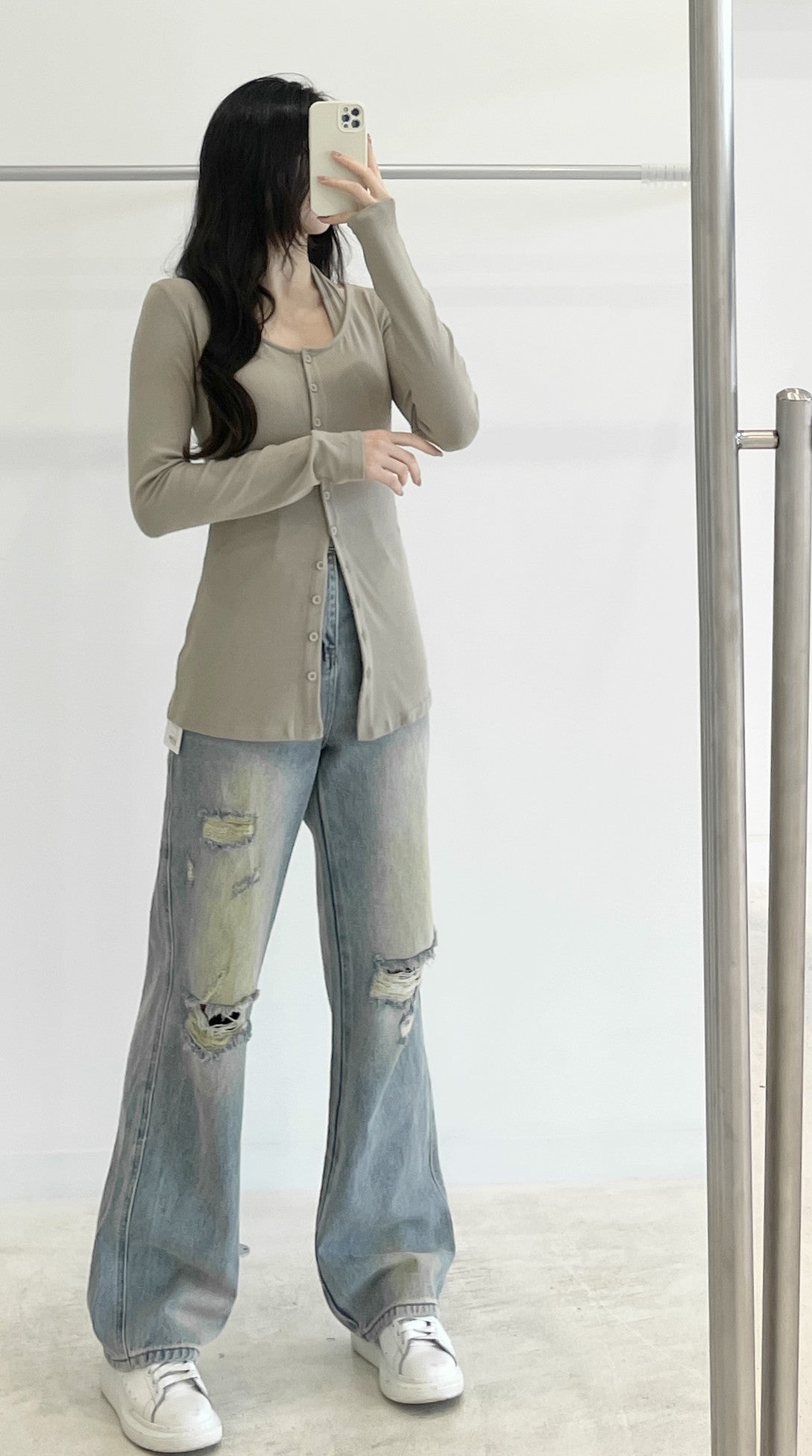 High-Waisted Distressed Wide-Leg Jeans