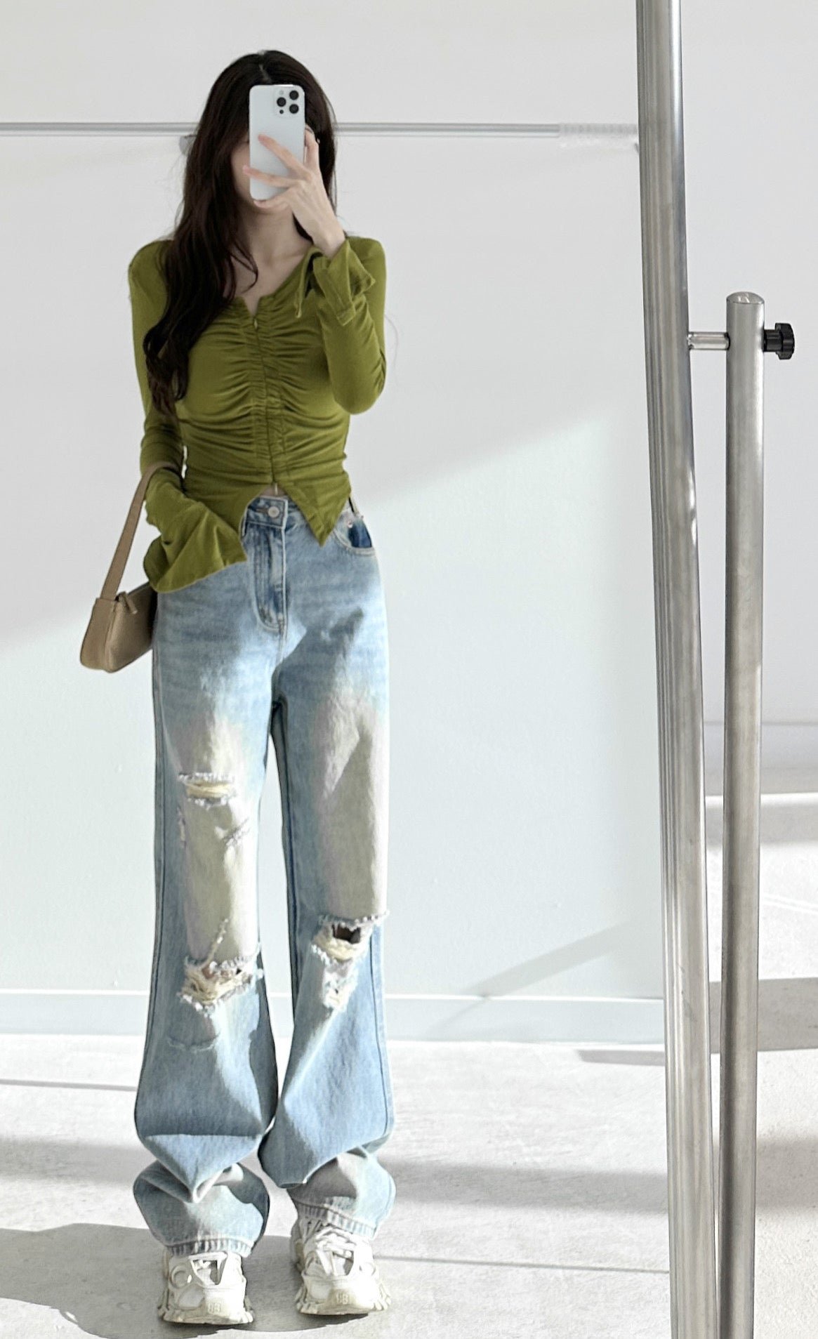 High-Waisted Distressed Wide-Leg Jeans