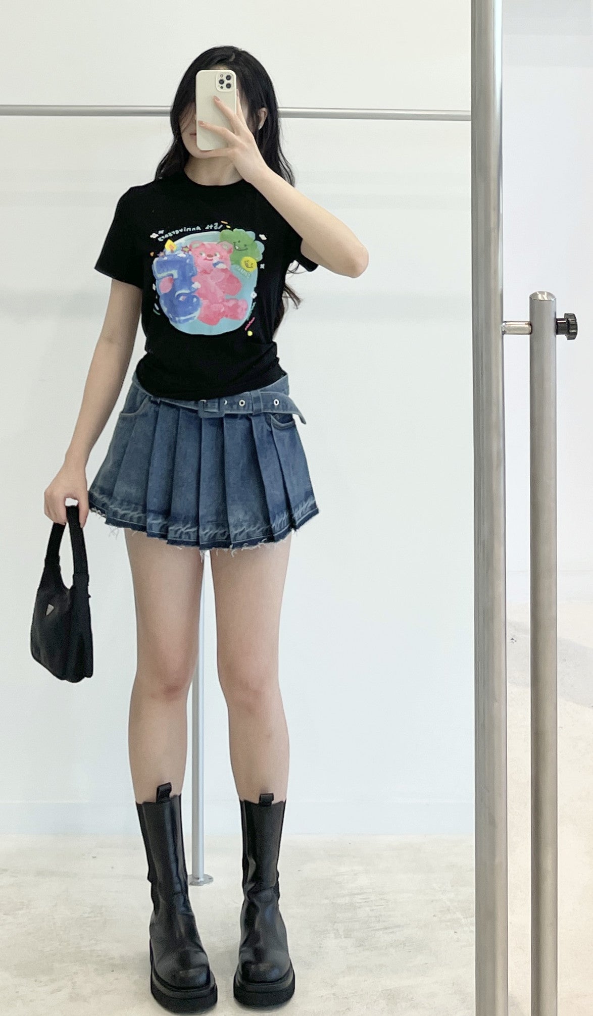 high-waisted patchwork denim pleated skirt