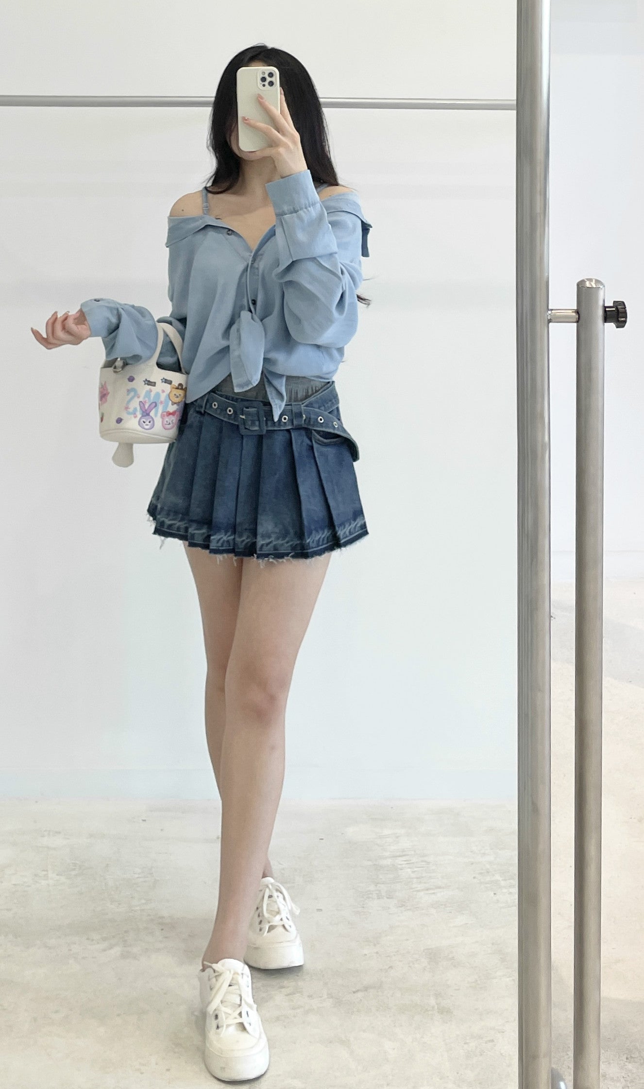 high-waisted patchwork denim pleated skirt