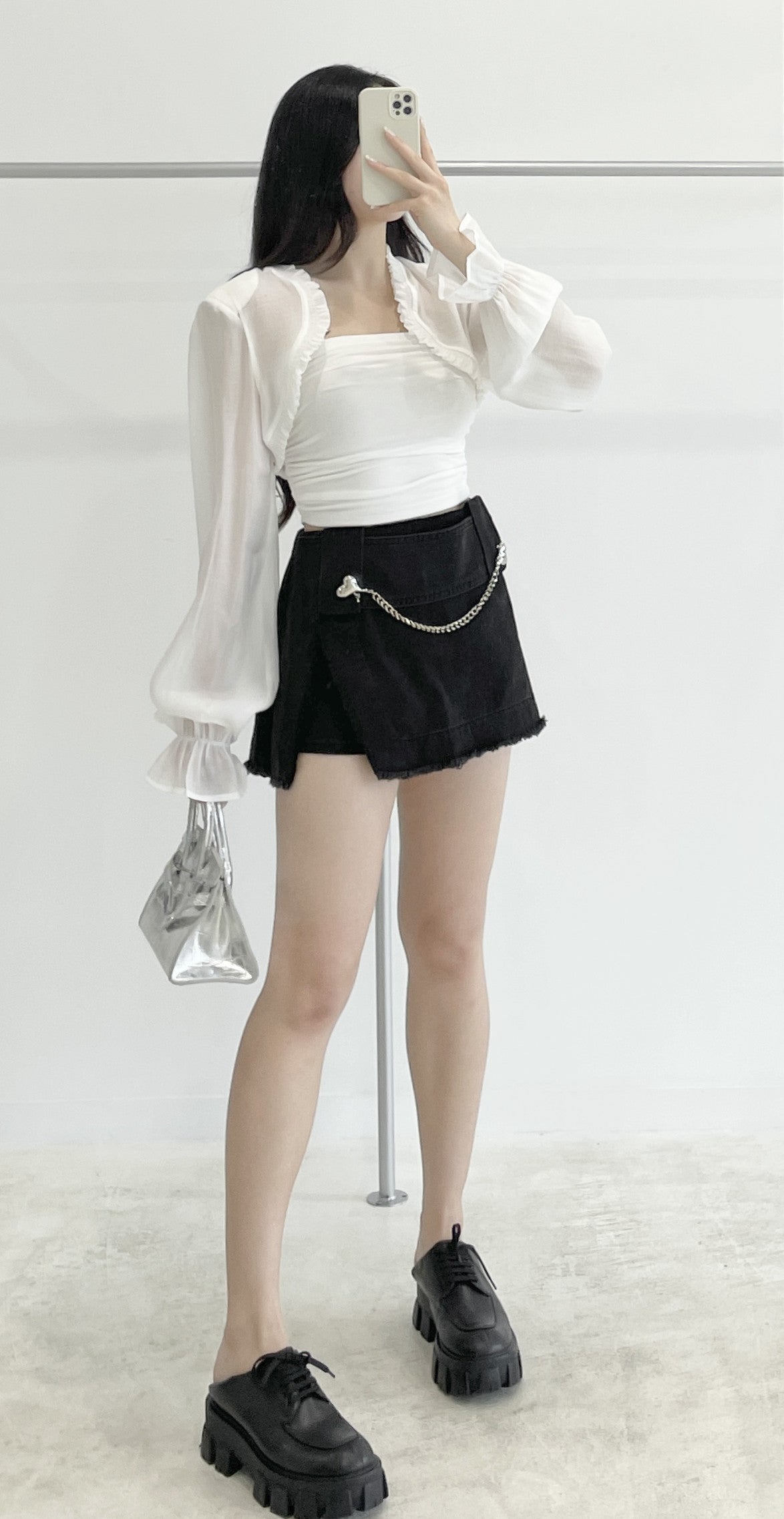 Heart chain denim skirt-pants
