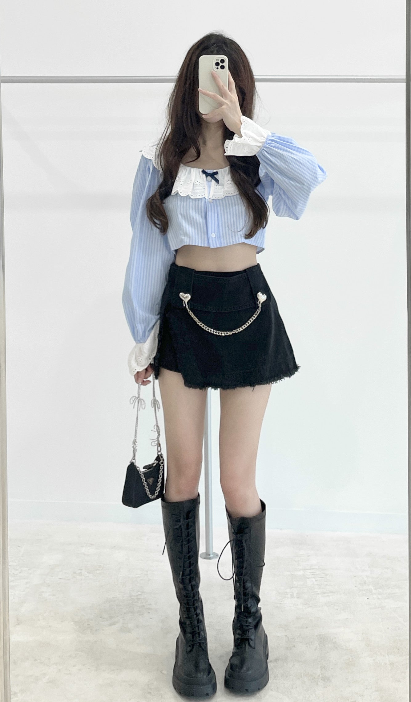 Heart chain denim skirt-pants