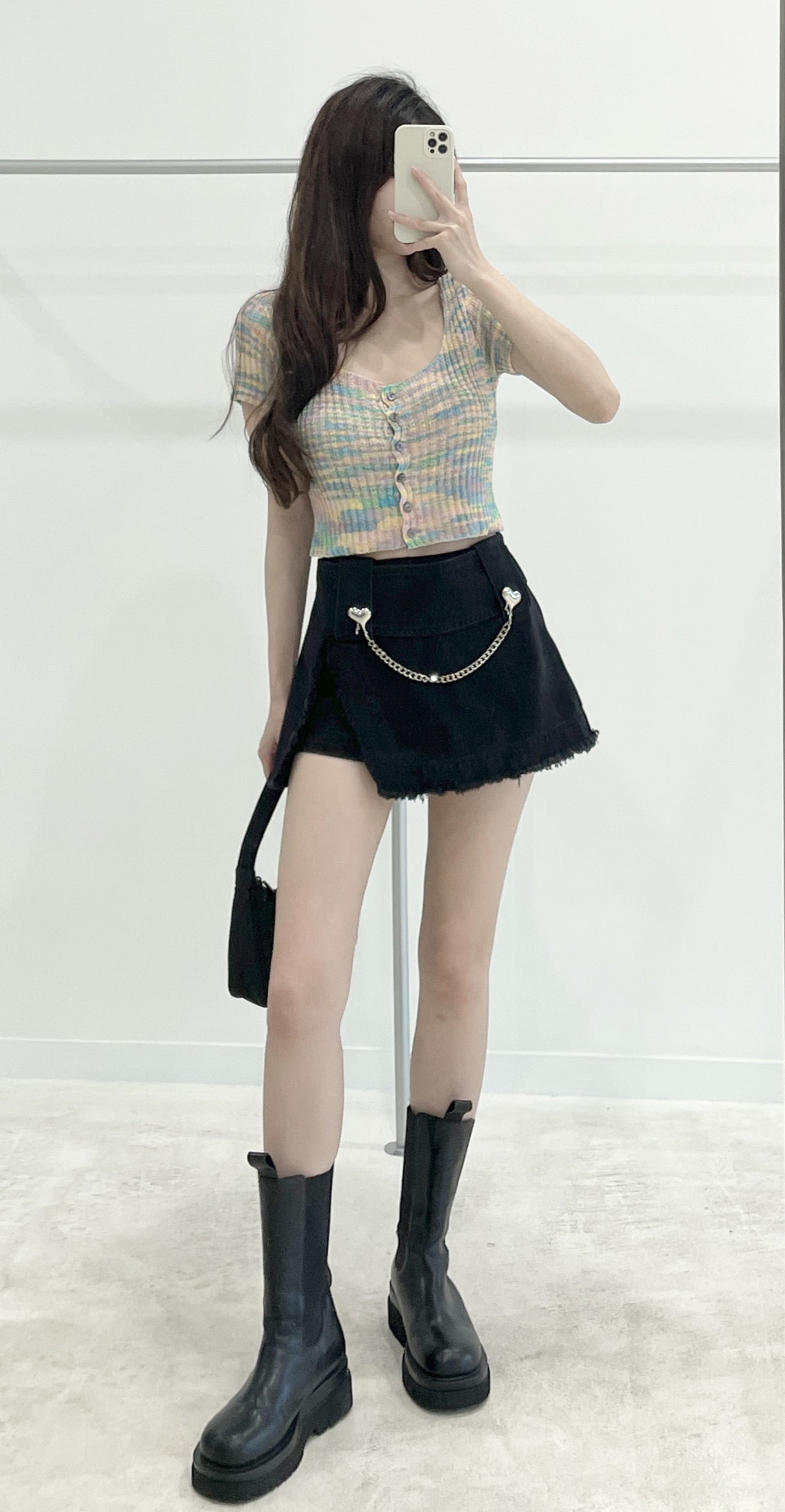 Heart chain denim skirt-pants