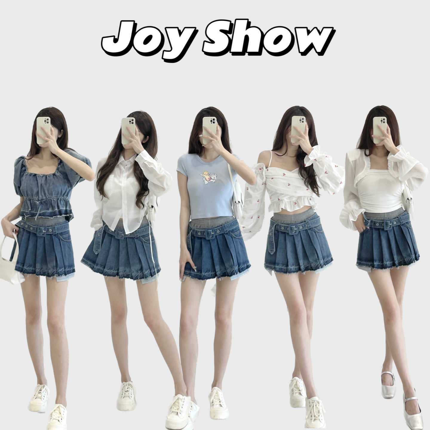 high-waisted patchwork denim pleated skirt