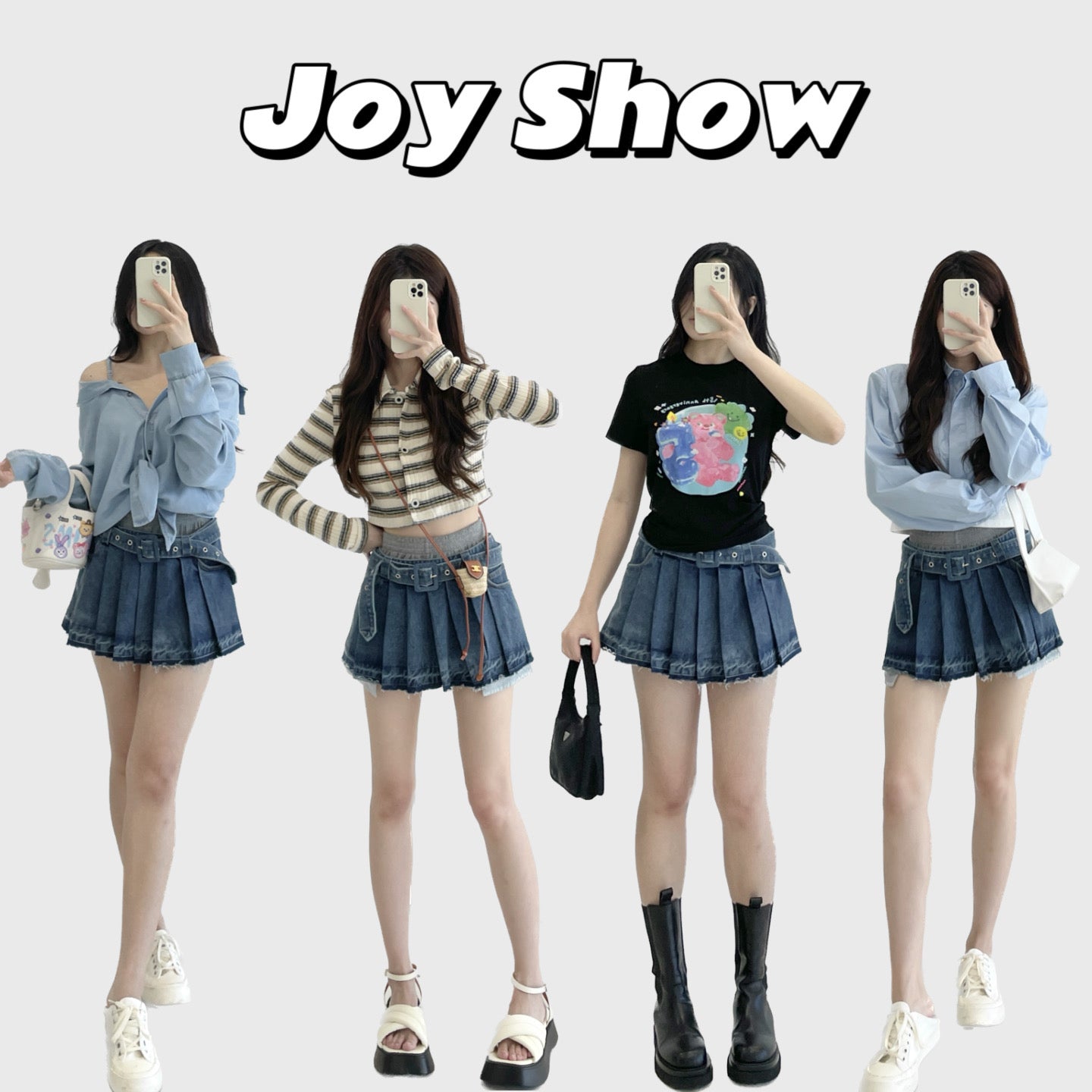 high-waisted patchwork denim pleated skirt