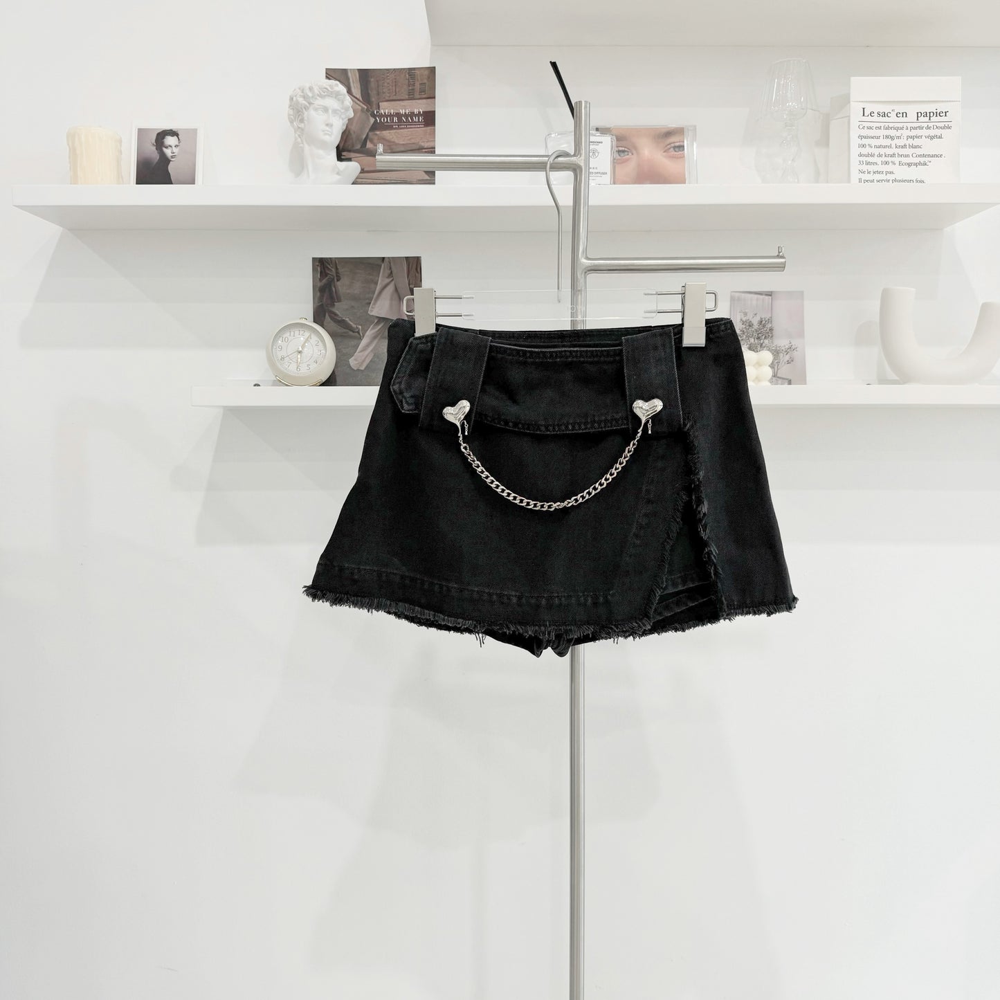 Heart chain denim skirt-pants