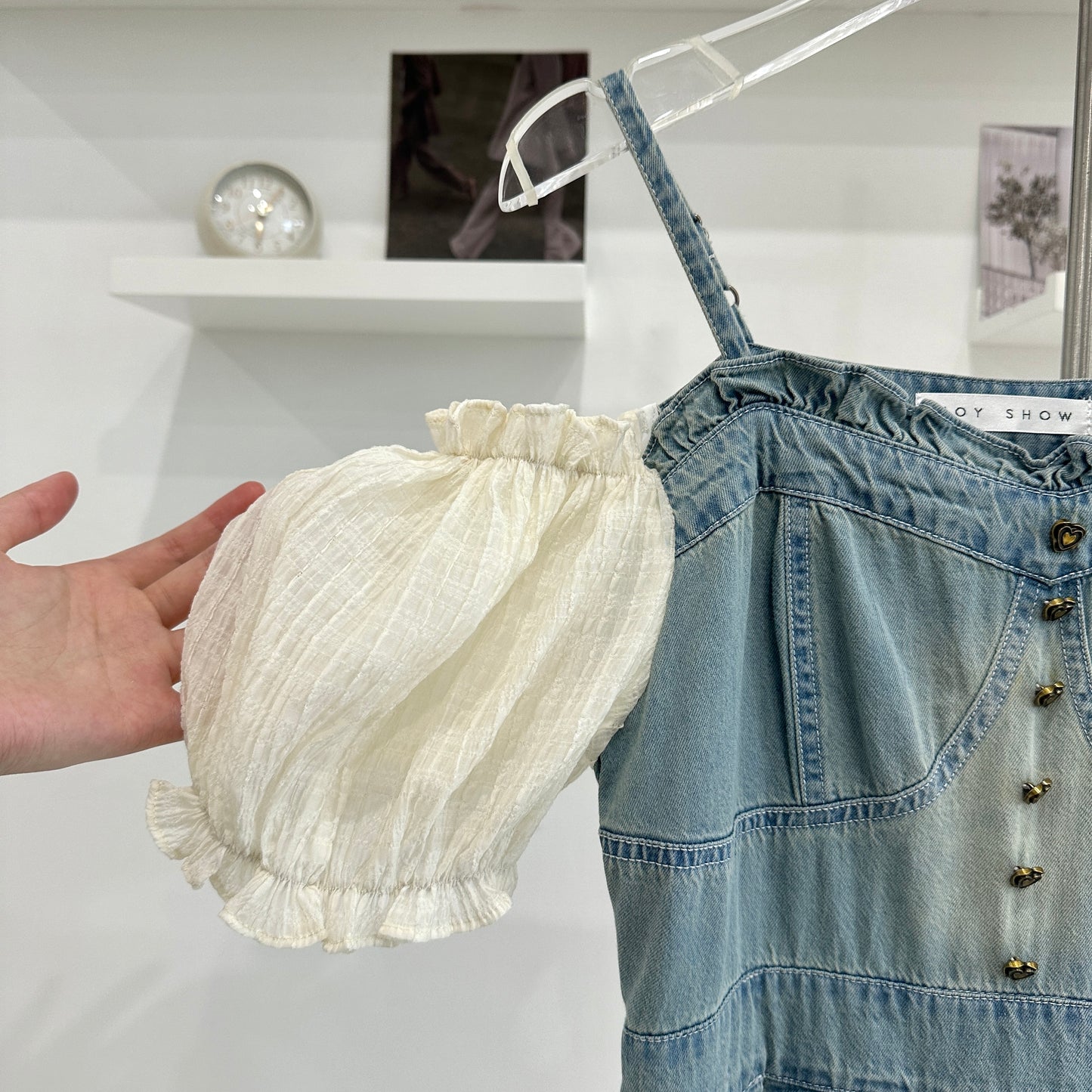 Bubble Sleeve Denim Pleated Dress