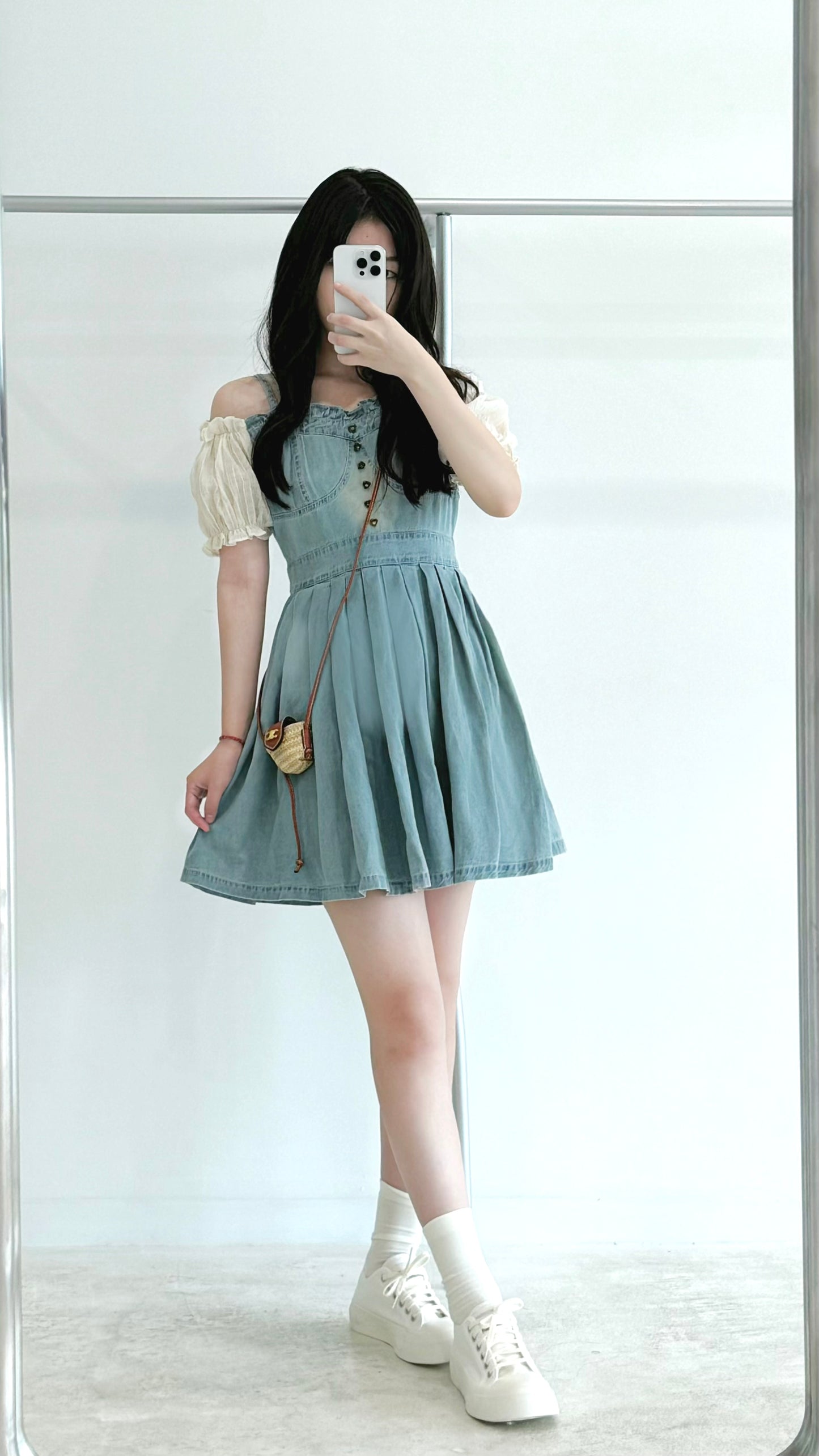 Bubble Sleeve Denim Pleated Dress
