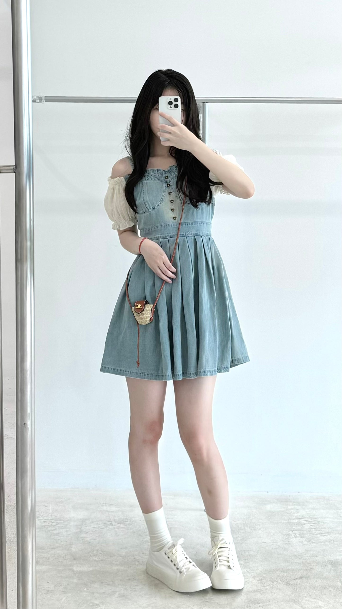 Bubble Sleeve Denim Pleated Dress