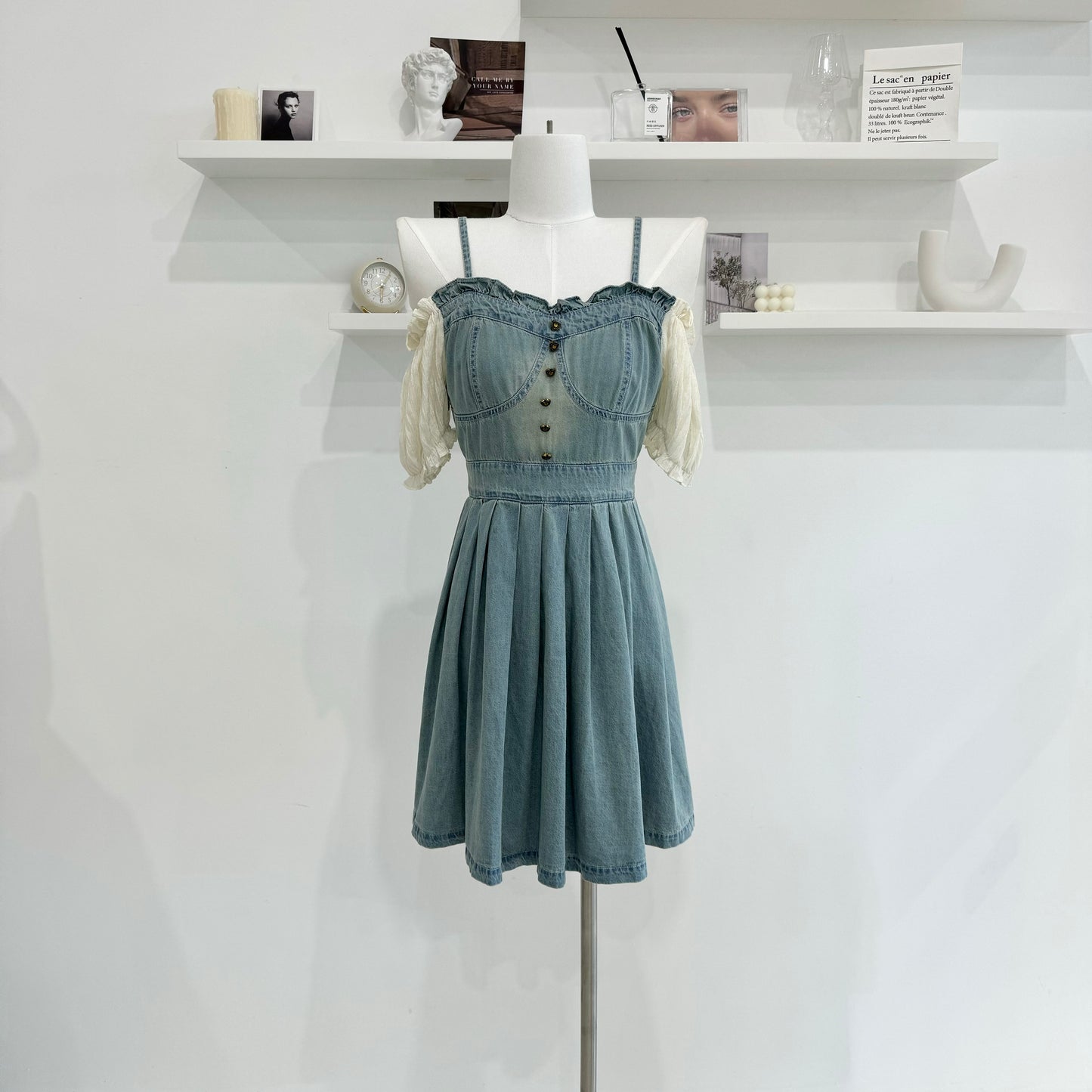 Bubble Sleeve Denim Pleated Dress