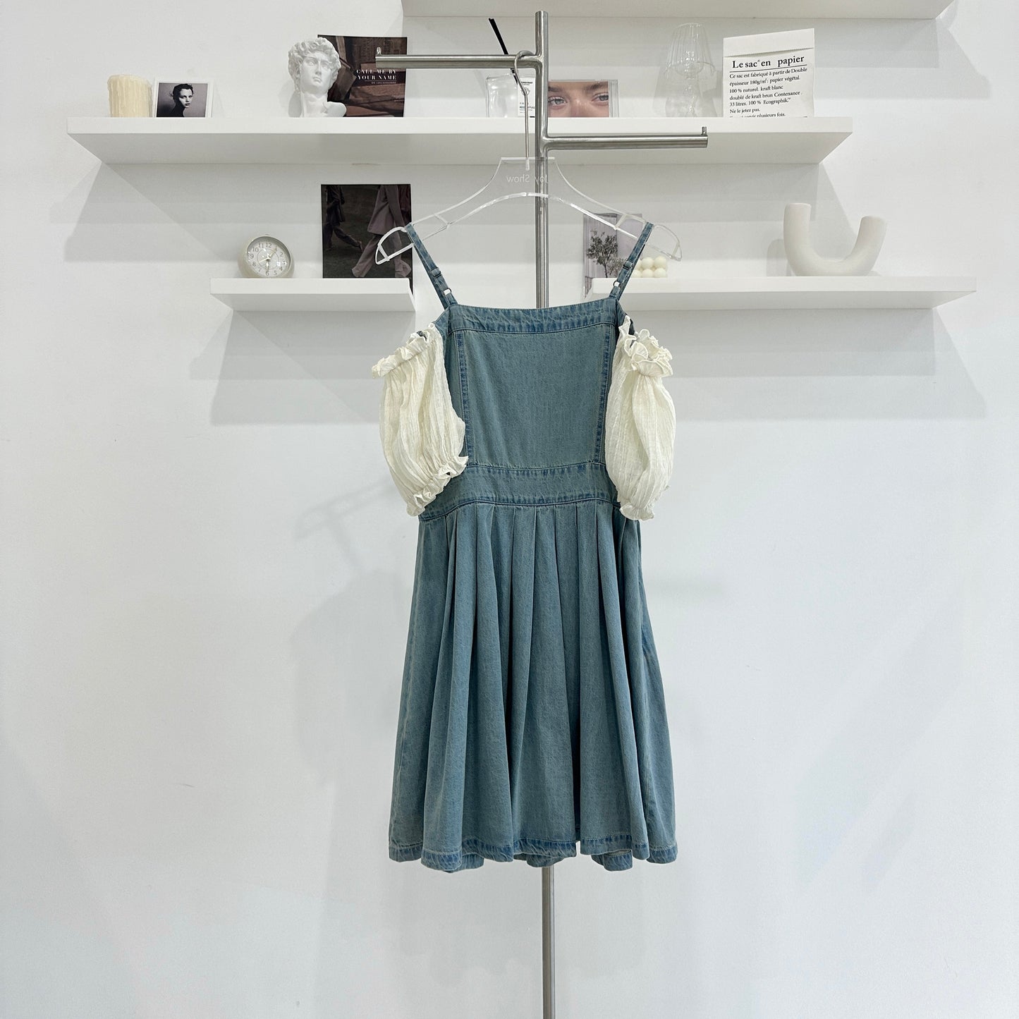 Bubble Sleeve Denim Pleated Dress