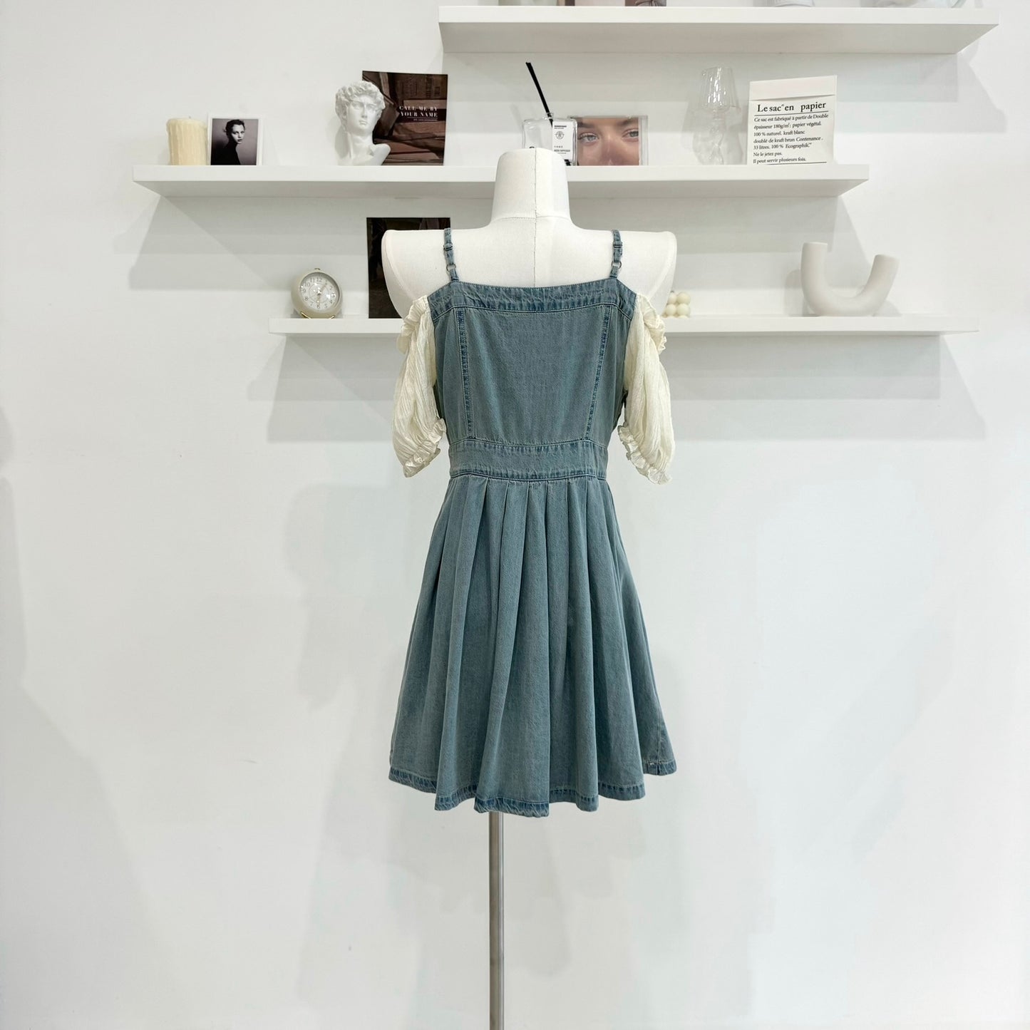 Bubble Sleeve Denim Pleated Dress