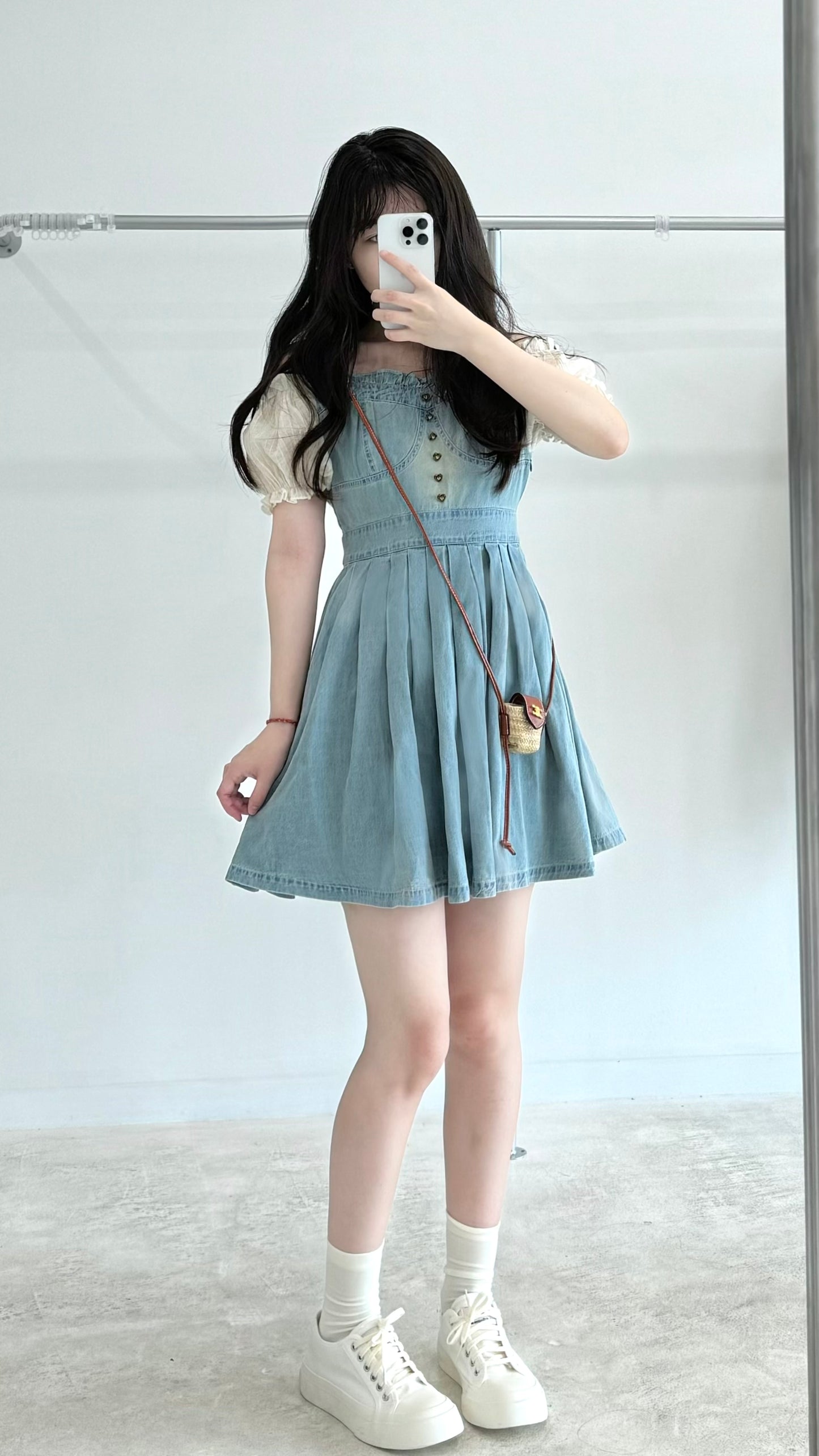 Bubble Sleeve Denim Pleated Dress