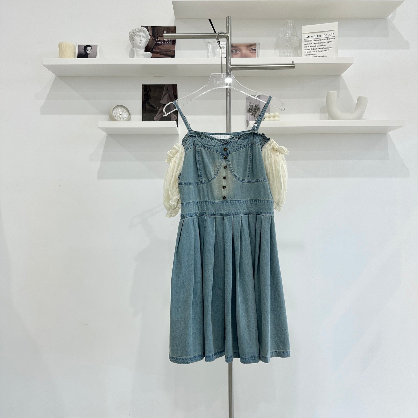 Bubble Sleeve Denim Pleated Dress