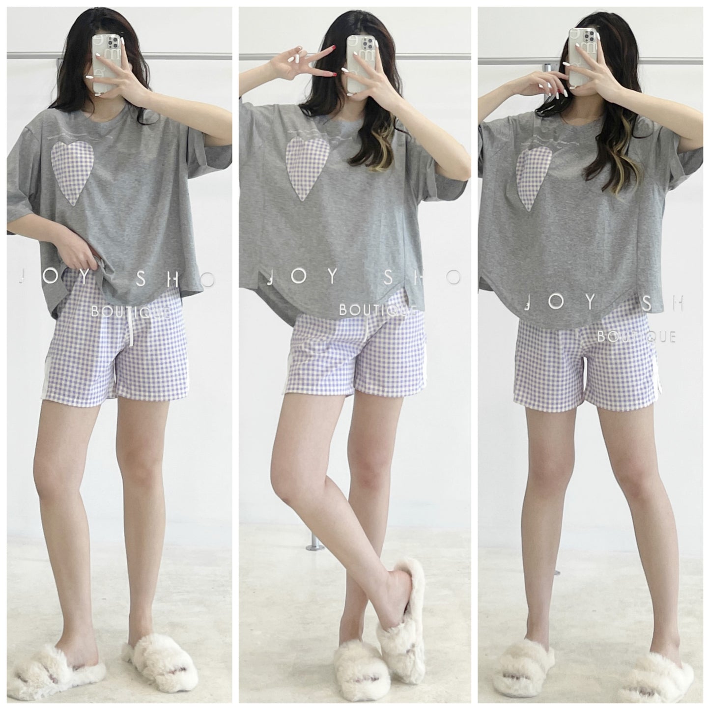 Contrast-color Plaid Pajama Set