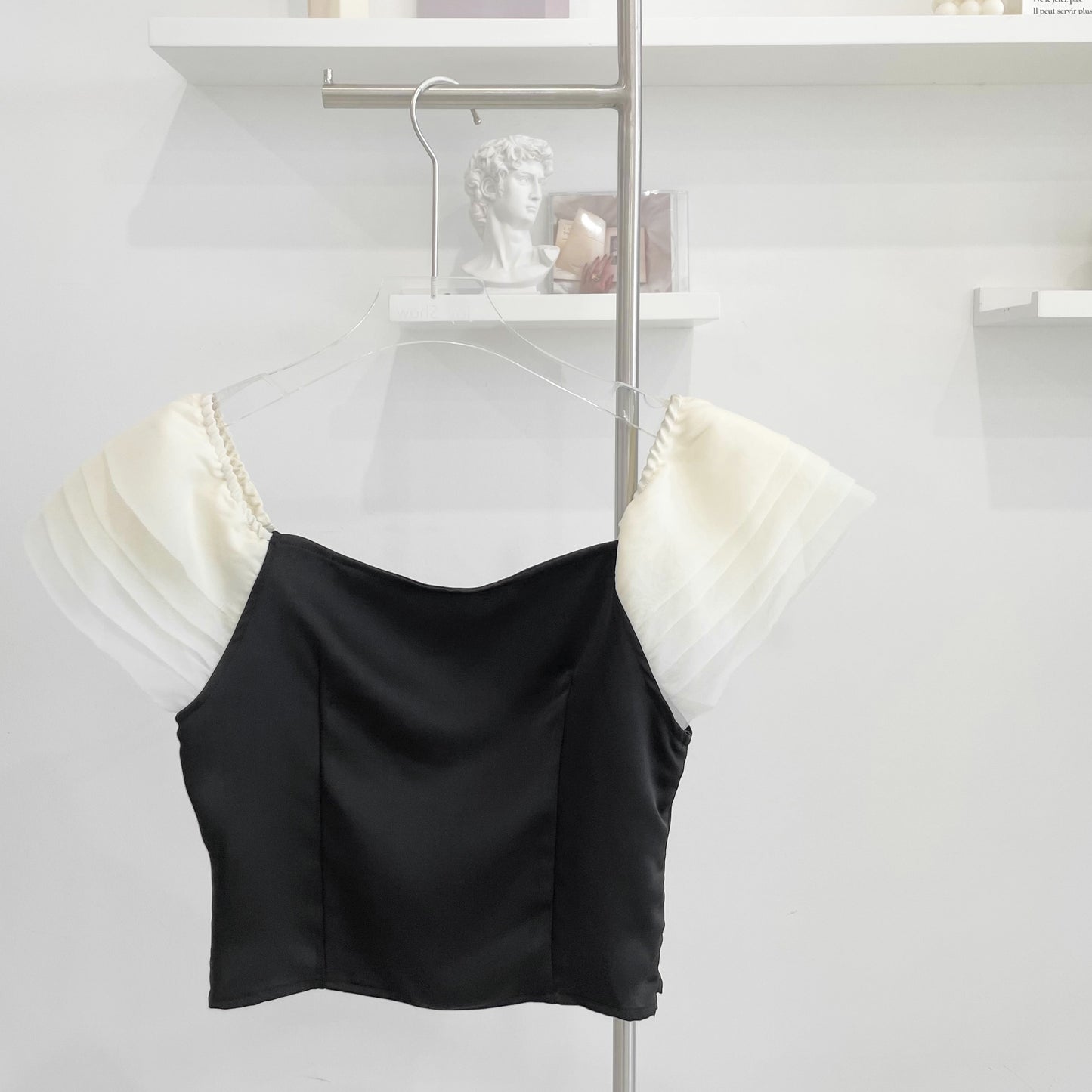 Contrast Mesh Off-shoulder Top