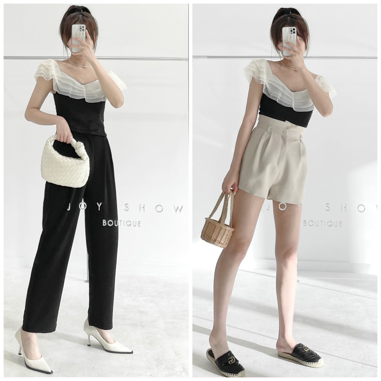 Contrast Mesh Off-shoulder Top