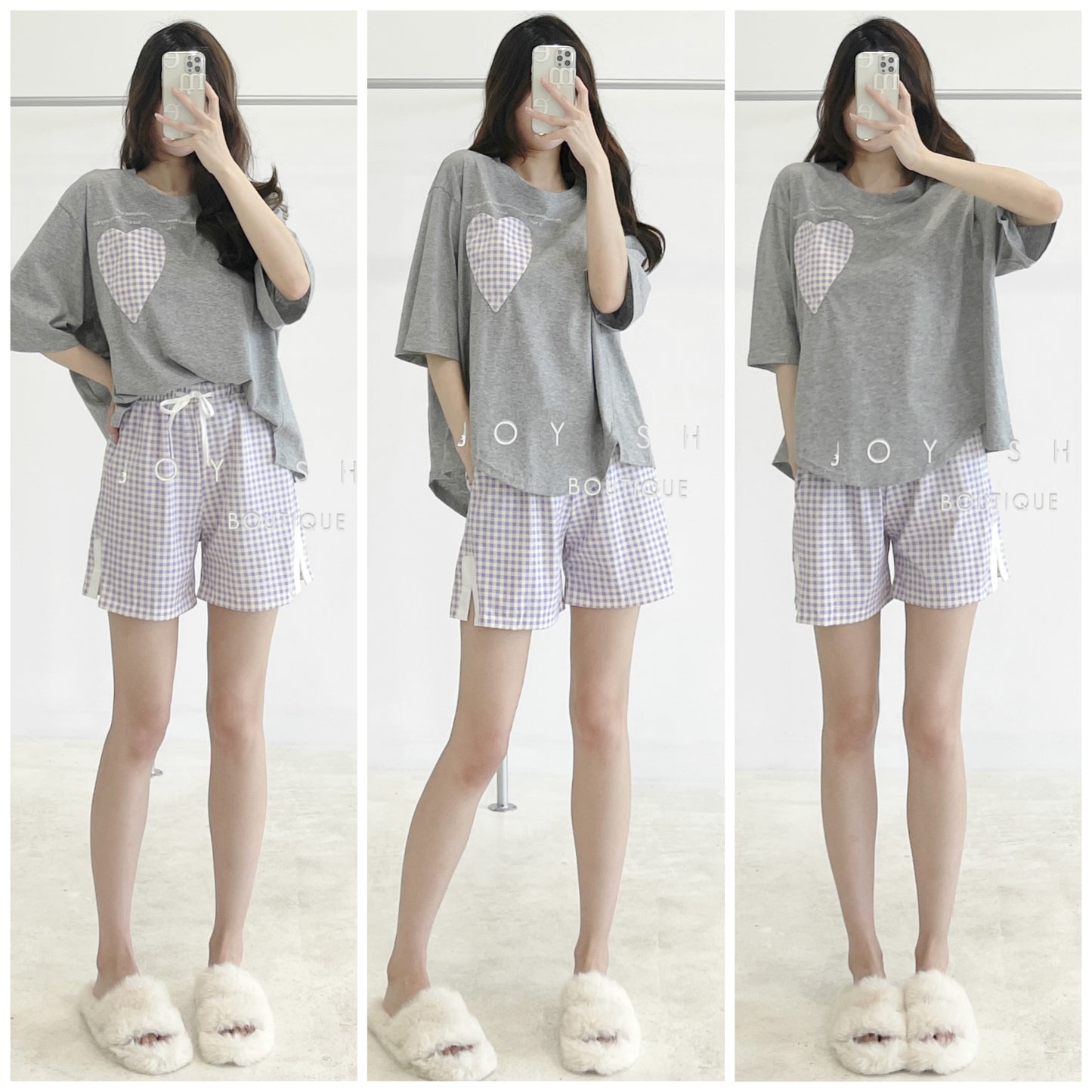 Contrast-color Plaid Pajama Set