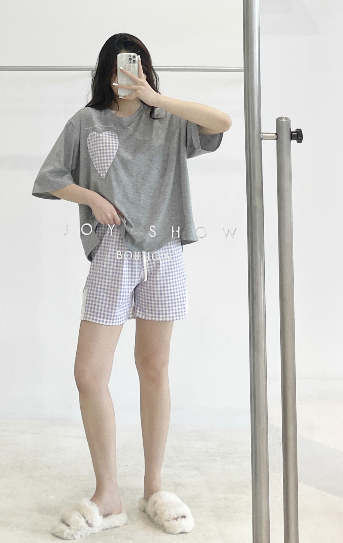 Contrast-color Plaid Pajama Set