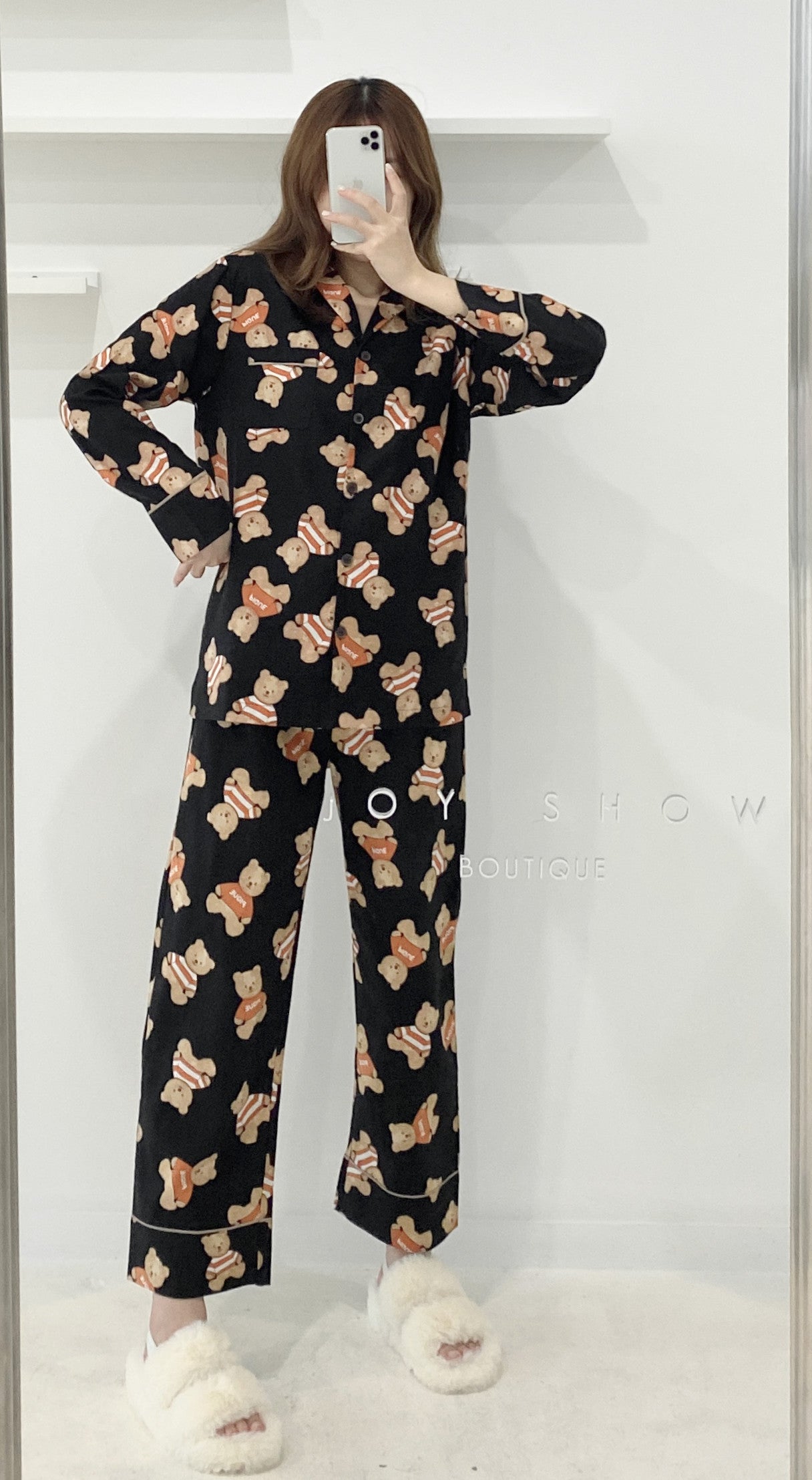 Bear print long sleeve cotton pyjamas