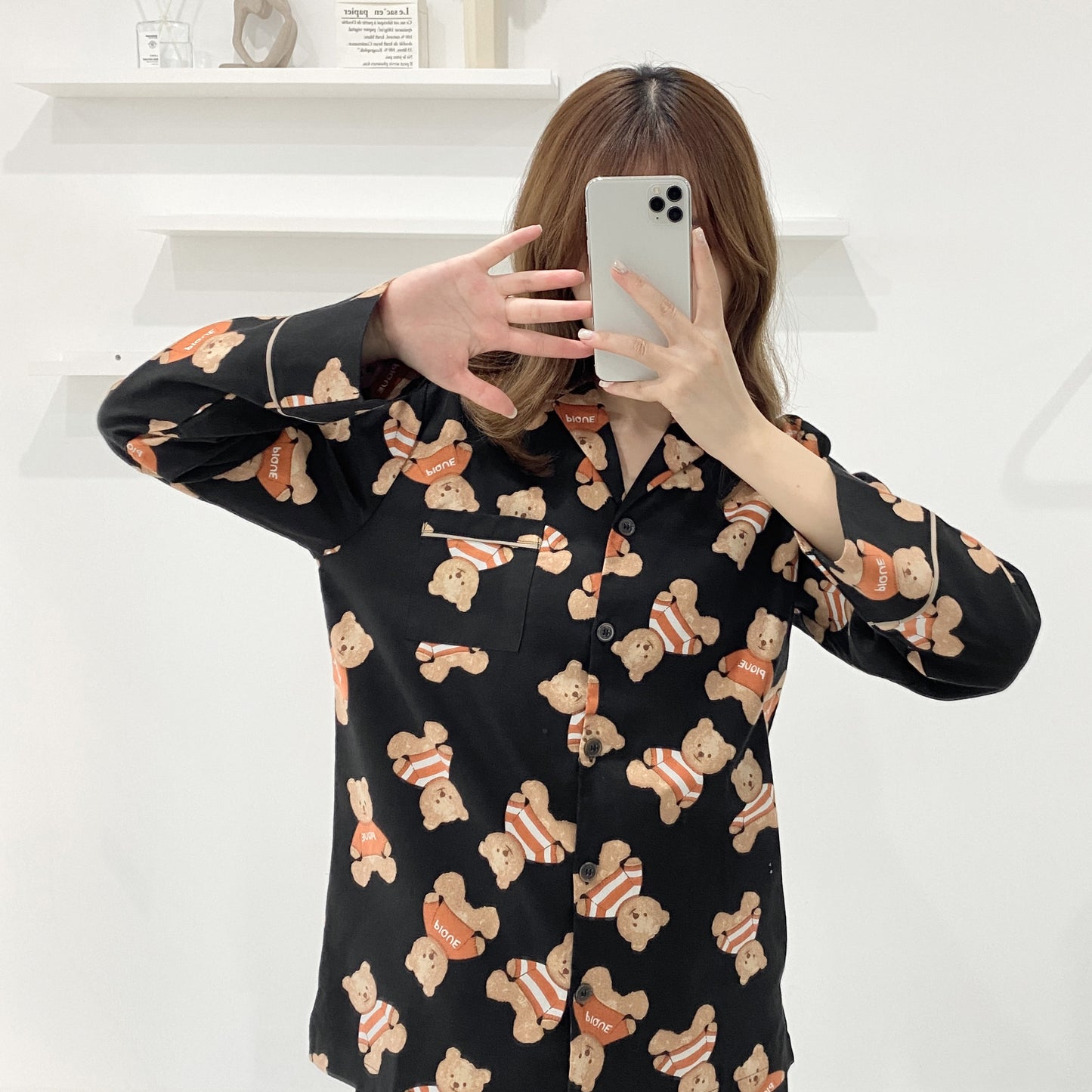 Bear print long sleeve cotton pyjamas