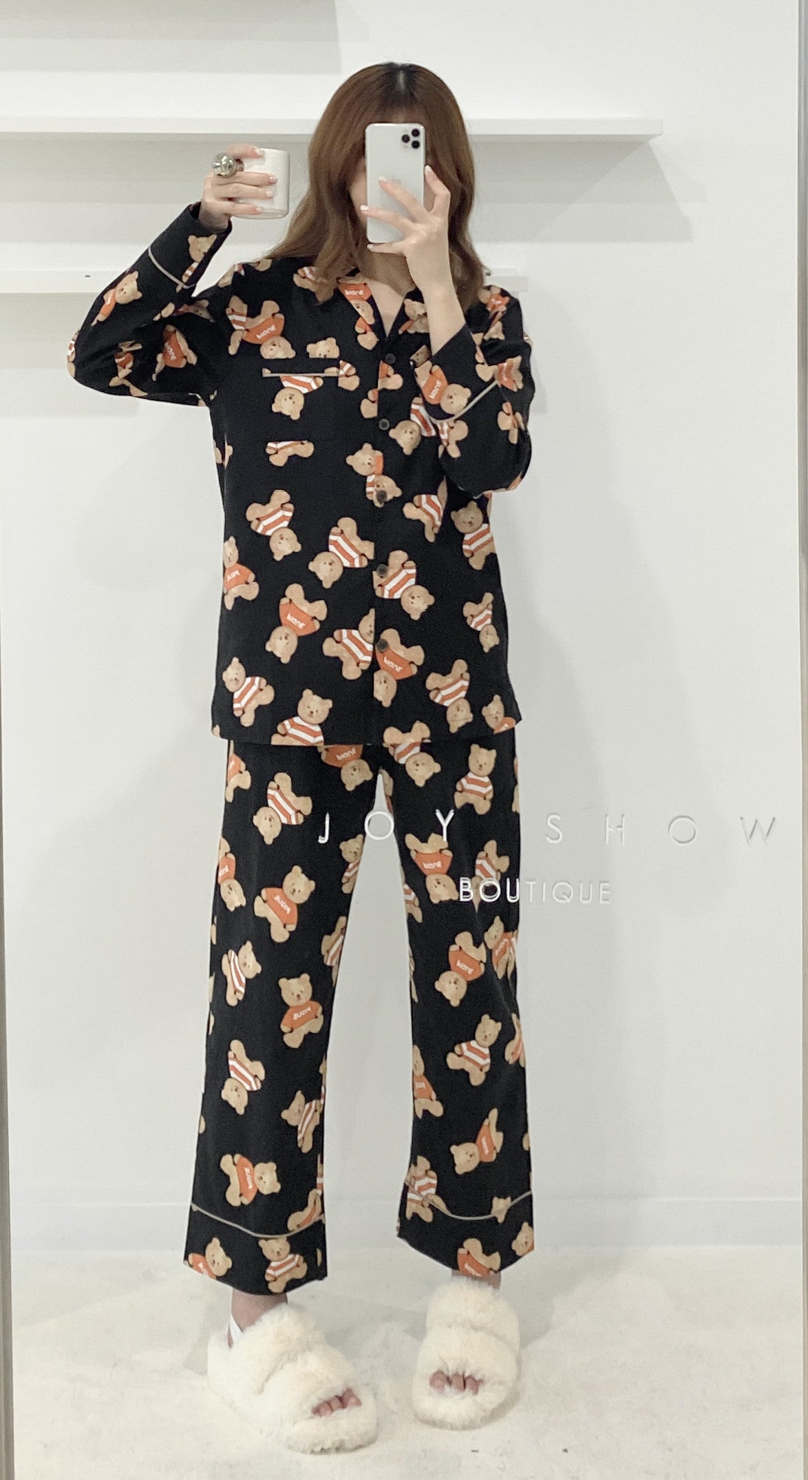 Bear print long sleeve cotton pyjamas