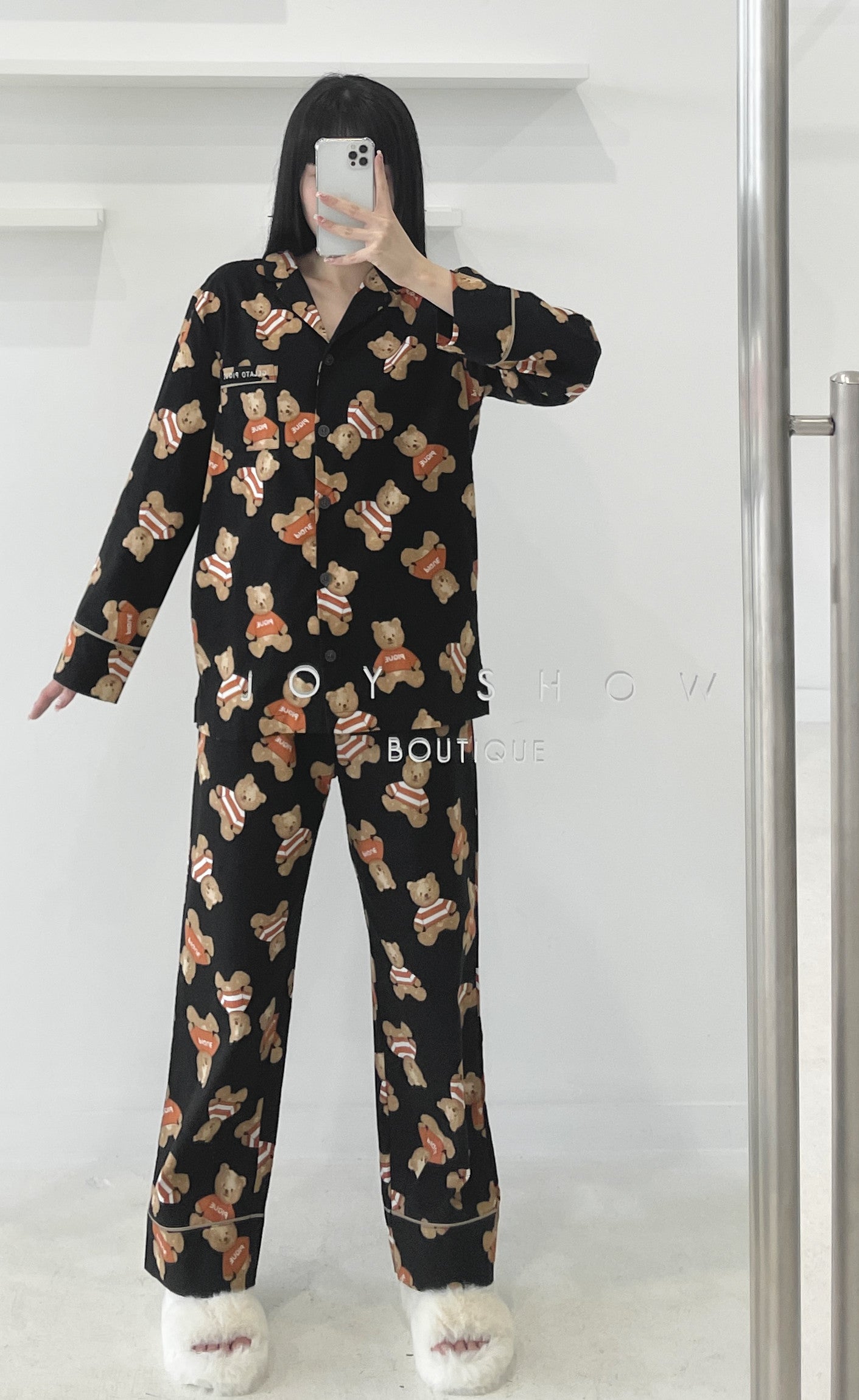 Bear print long sleeve cotton pyjamas