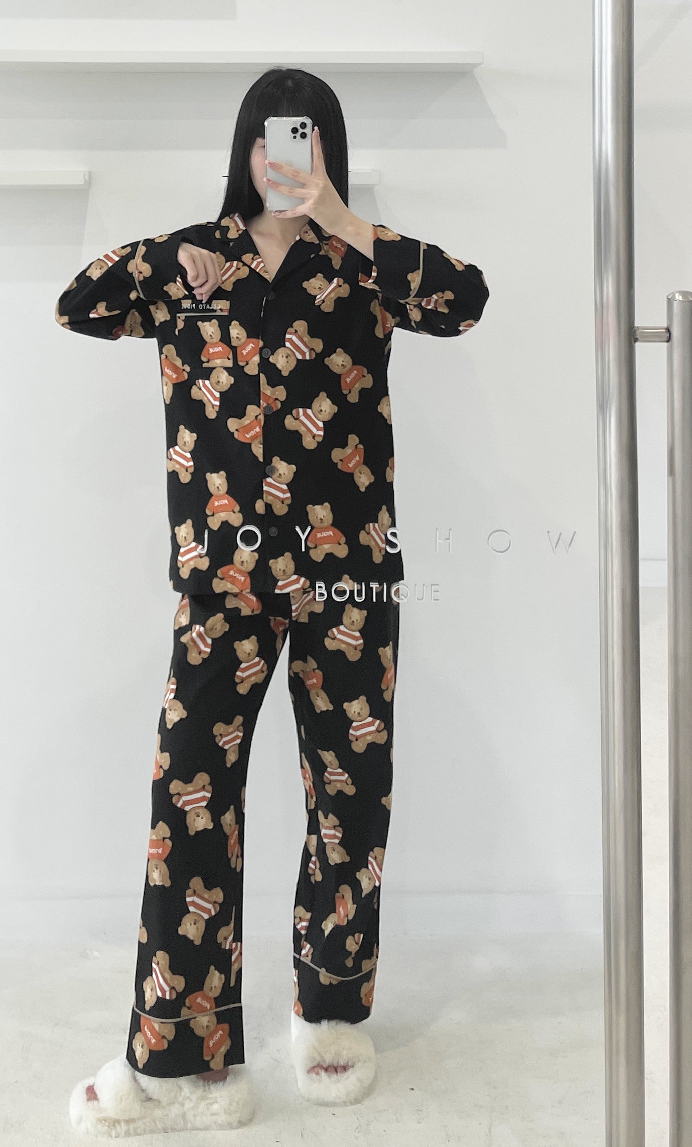 Bear print long sleeve cotton pyjamas