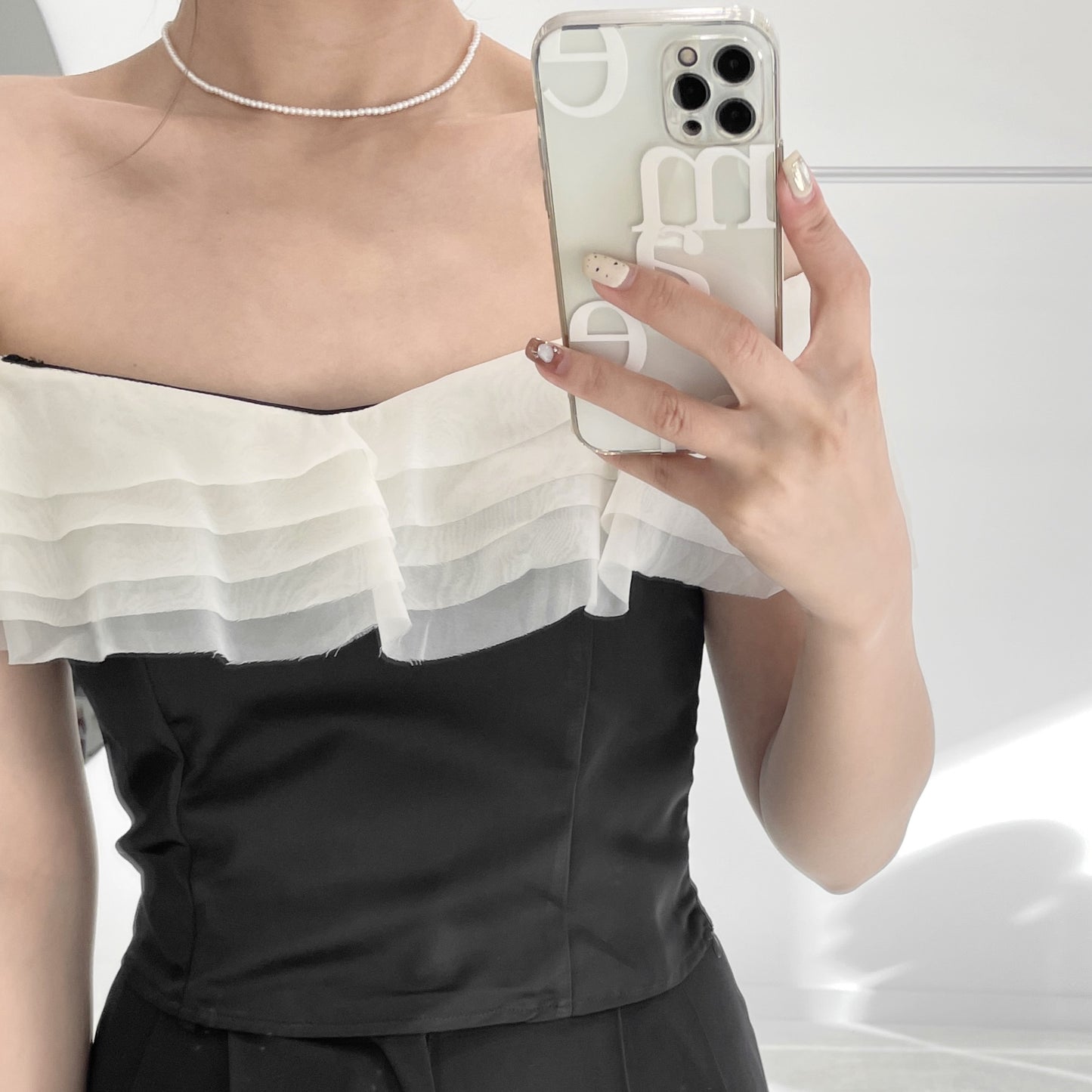 Contrast Mesh Off-shoulder Top