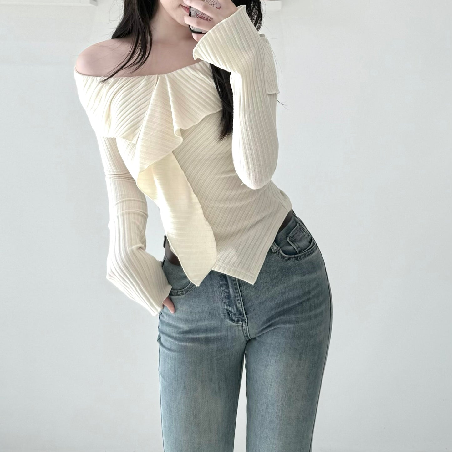 Ruffled Collar Asymmetric Knit Top