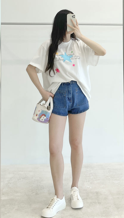 High-waisted stretch denim shorts