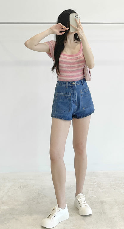 High-waisted stretch denim shorts