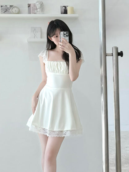 Lace Flutter Sleeve Tie-Waist Dress