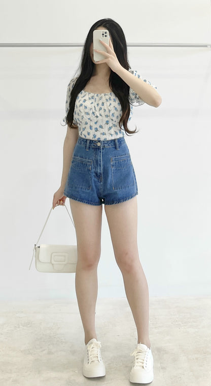 High-waisted stretch denim shorts