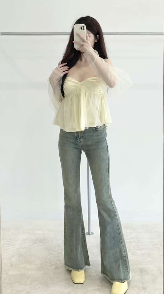 High-waisted flare stretch denim trousers