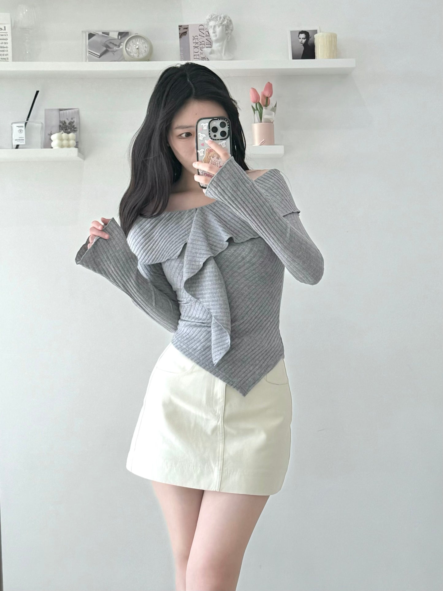 Ruffled Collar Asymmetric Knit Top