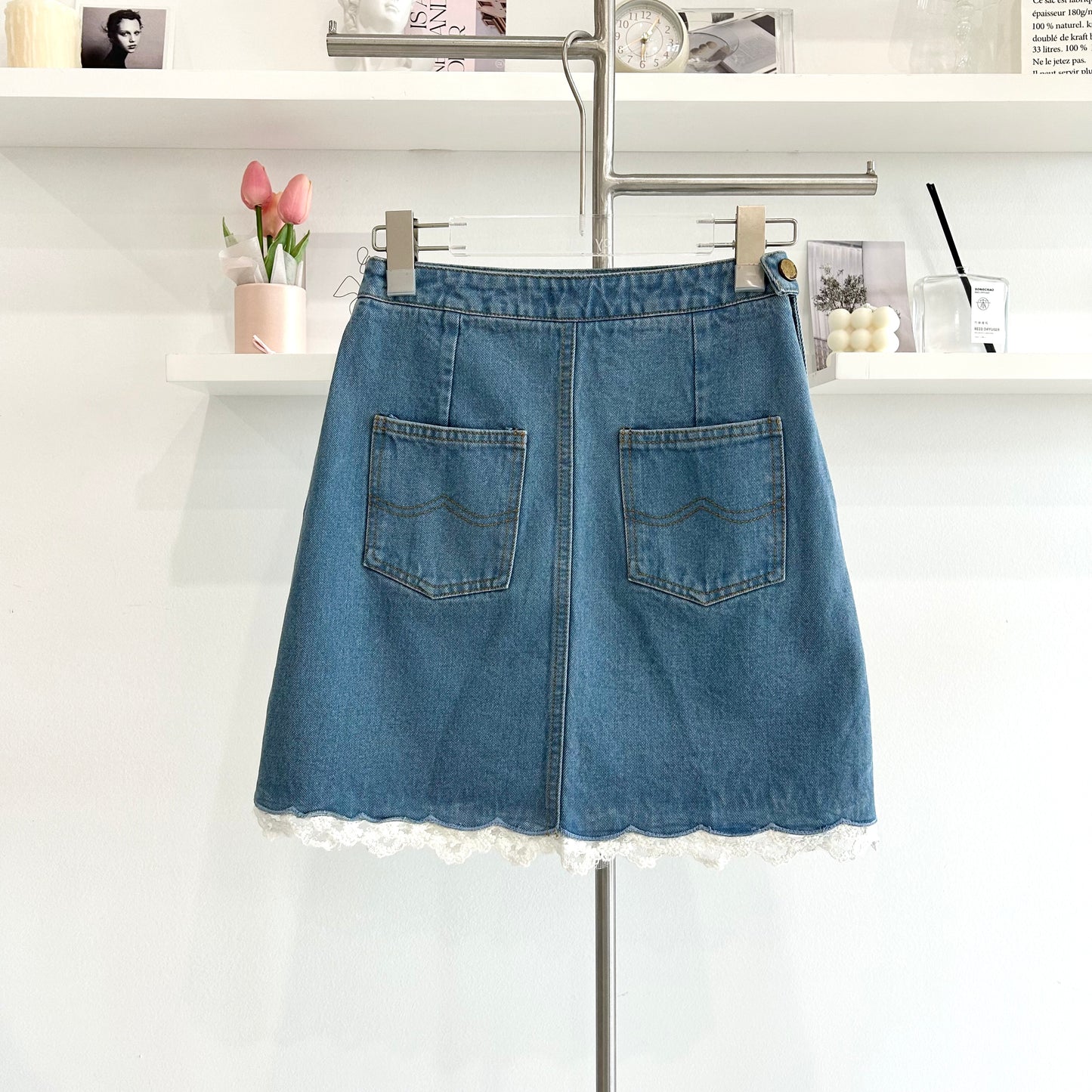 Lace Patchwork High-Waisted Denim Skirt