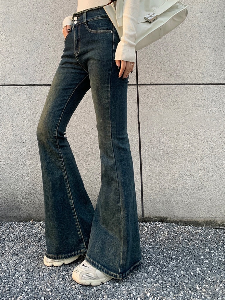 Raw Hem High-Waisted Brushed Denim Pants