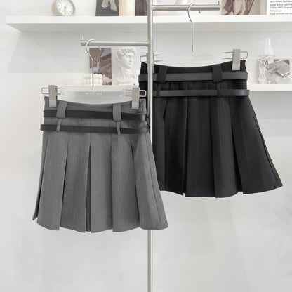 Double Belt High-Waisted Pleated Mini Skirt