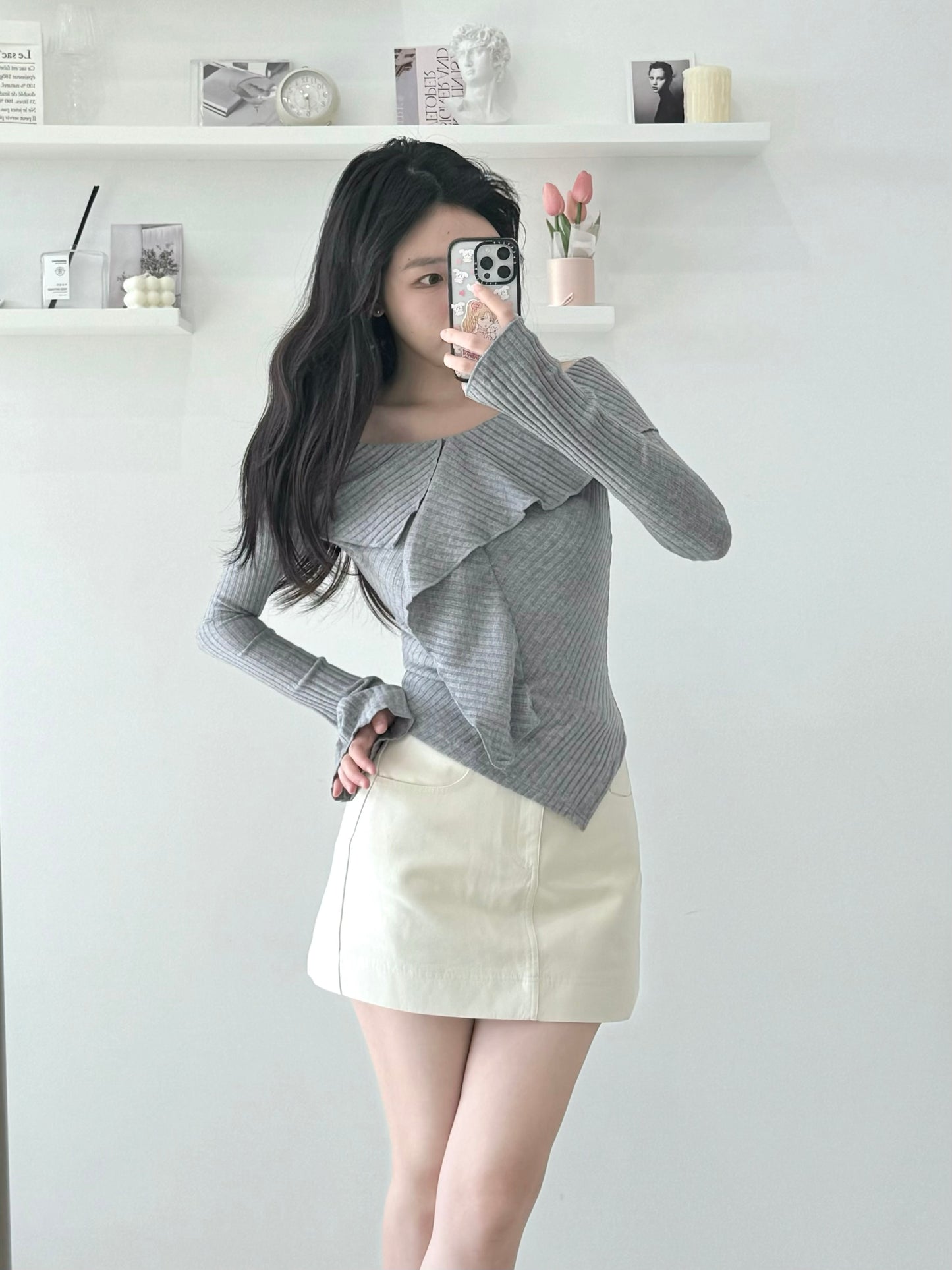 Ruffled Collar Asymmetric Knit Top