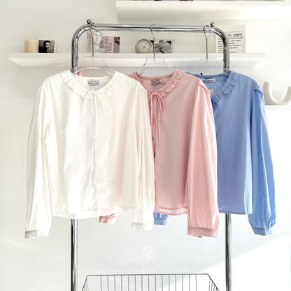 Tie-Neck Collared Mid-Sleeve Shirt