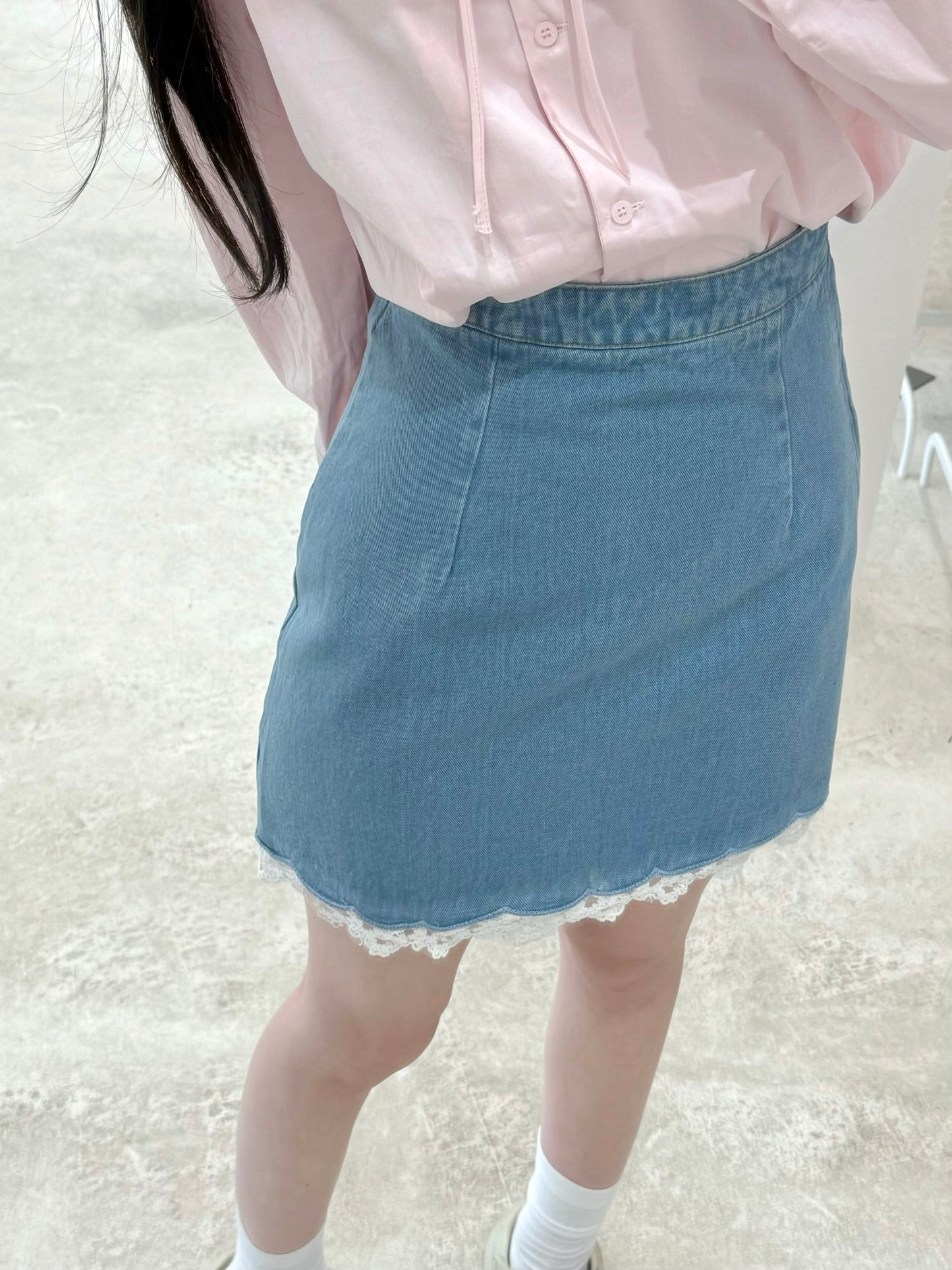 Lace Patchwork High-Waisted Denim Skirt